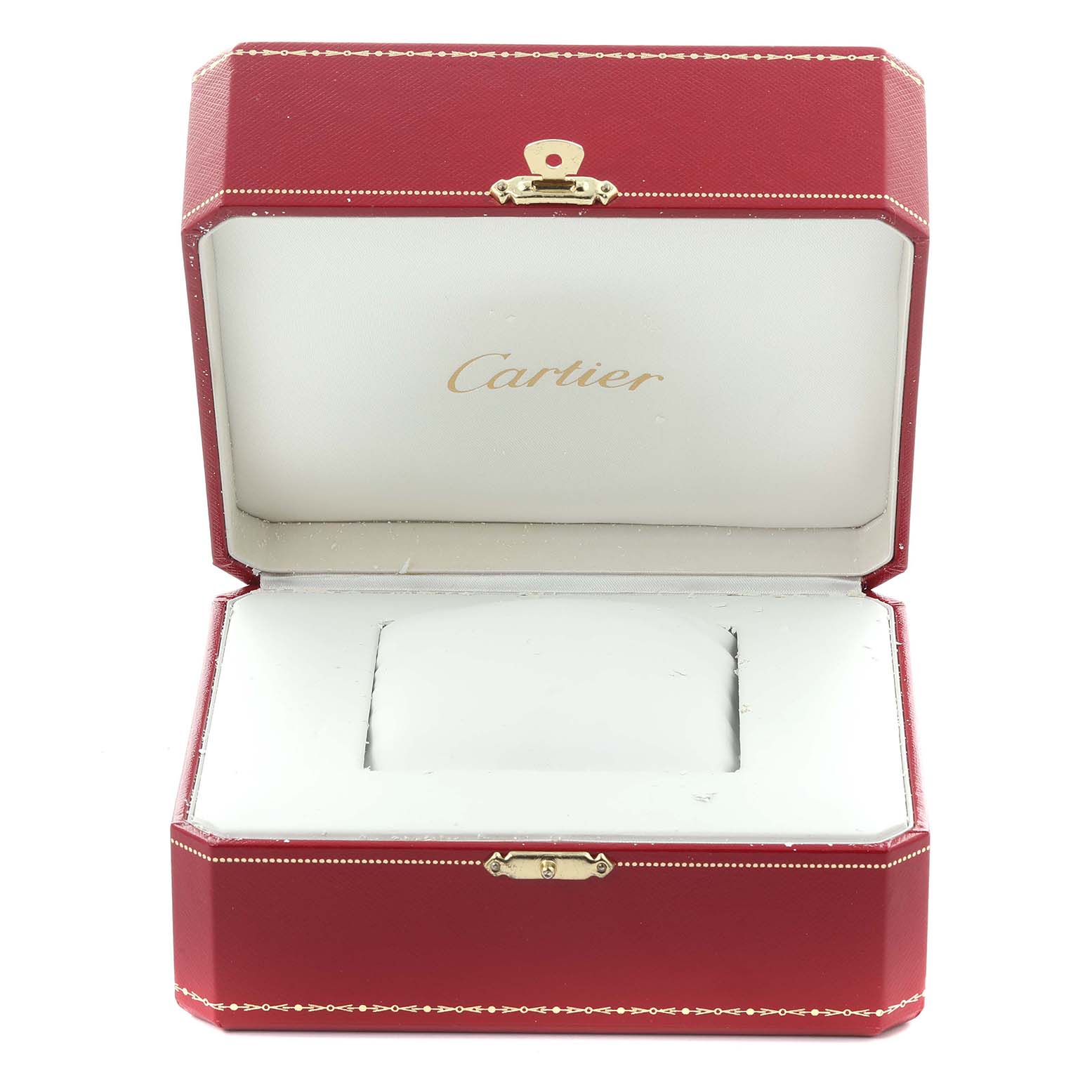 This image shows an open red Cartier box for the Ronde model, viewed from the front.