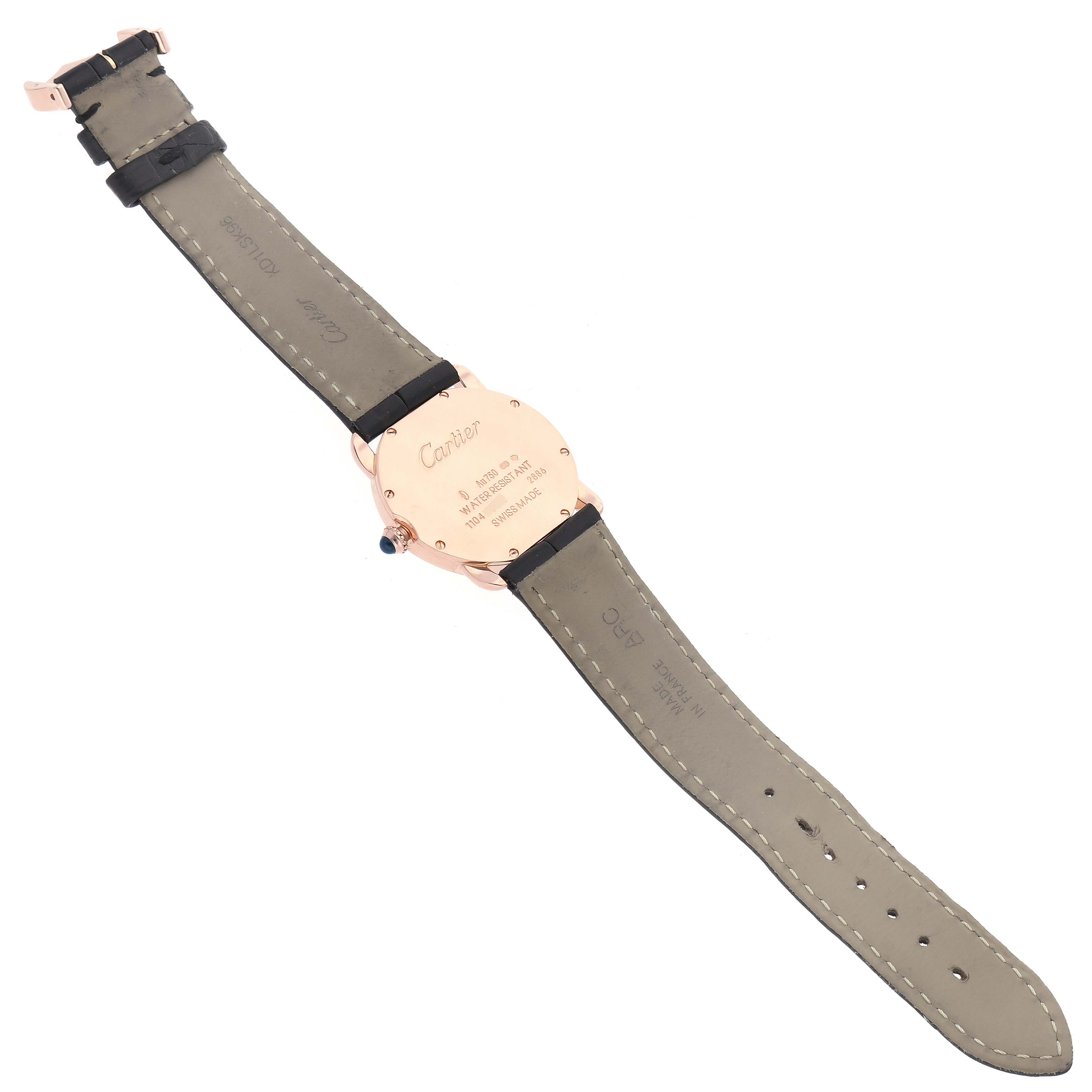 The image shows the back view of a Cartier Ronde W6800151 Women's Rose Gold Silver Dial W6800151 Women's Rose Gold Silver Dial watch, highlighting its case and leather strap.