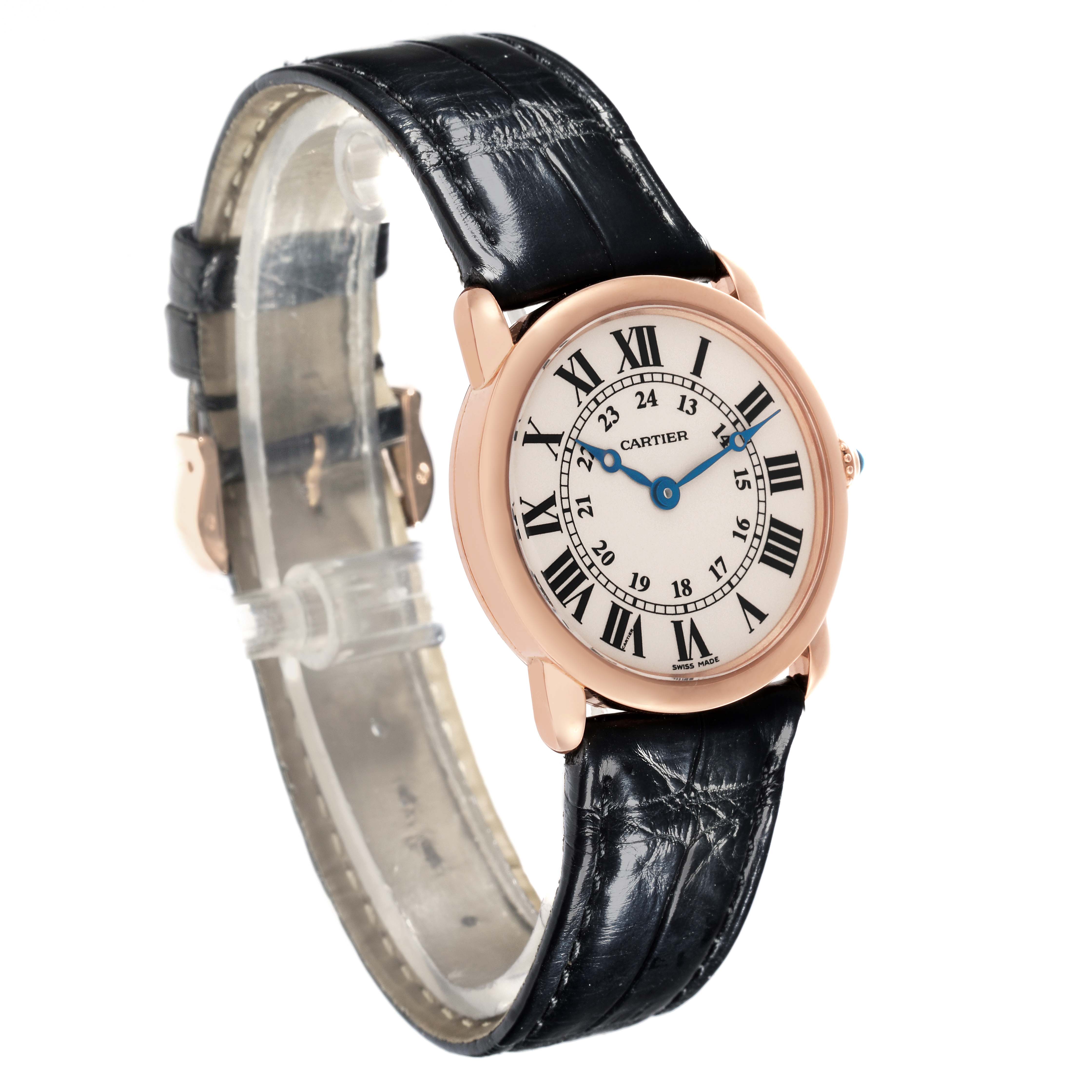 The Cartier Ronde W6800151 Women's Rose Gold Silver Dial W6800151 Women's Rose Gold Silver Dial watch is shown at an angle highlighting the face, Roman numerals, and black leather strap.