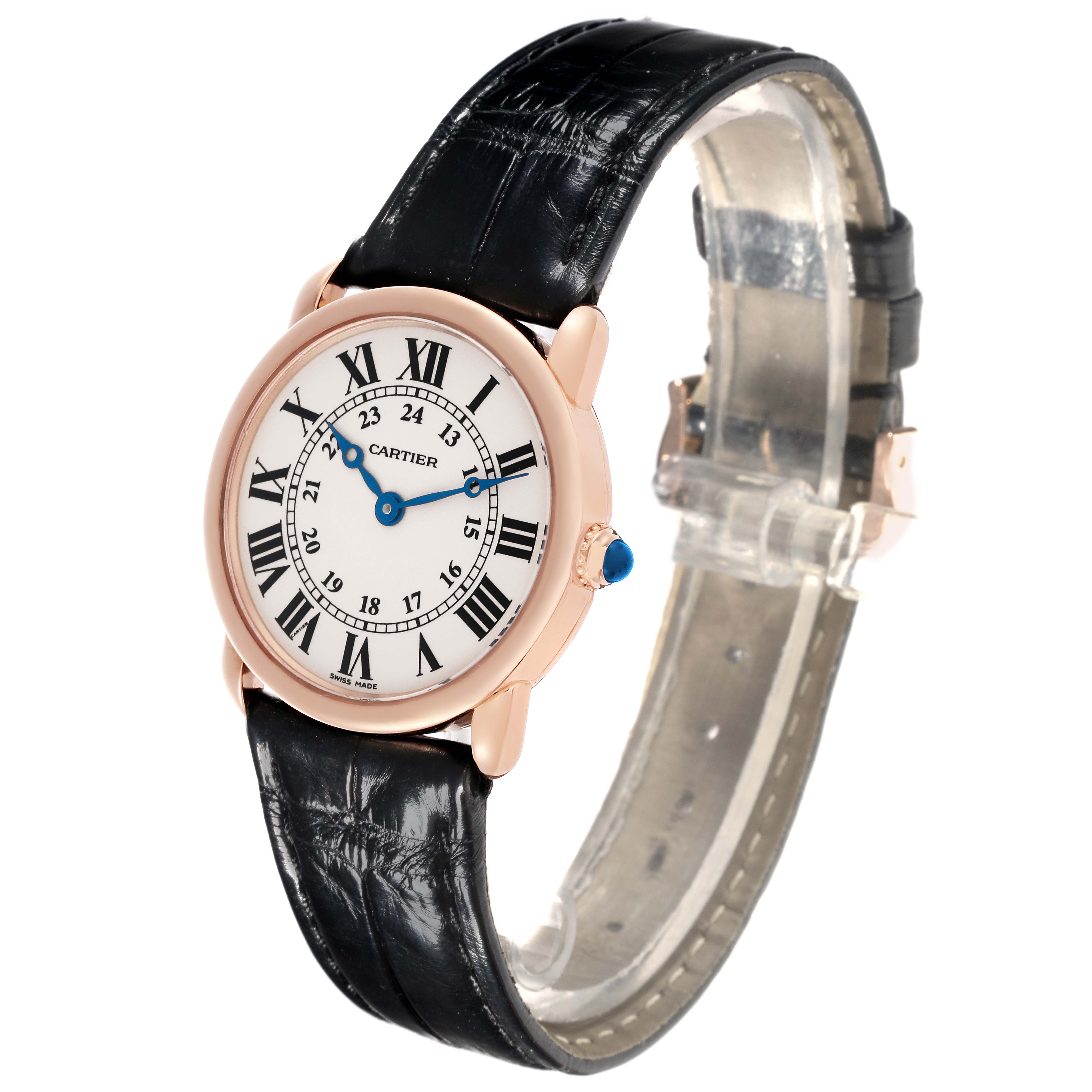 The Cartier Ronde W6800151 Women's Rose Gold Silver Dial W6800151 Women's Rose Gold Silver Dial watch is shown at a three-quarter angle, highlighting its face, bezel, crown, and black leather strap.