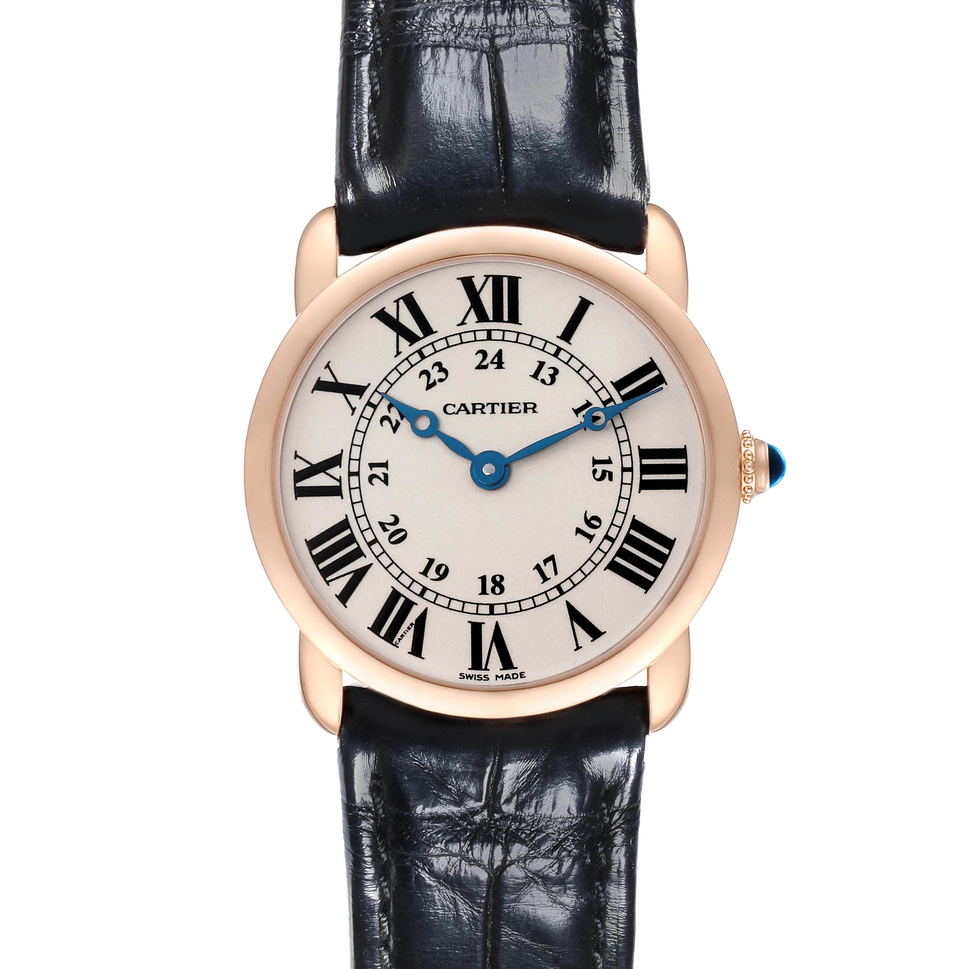 The Cartier Ronde W6800151 Women's Rose Gold Silver Dial W6800151 Women's Rose Gold Silver Dial watch is shown from the front, featuring its Roman numeral dial, blue hands, gold case, and black leather strap.