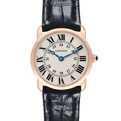 The Cartier Ronde model is shown from a top view, displaying the dial with Roman numerals and a black leather strap.