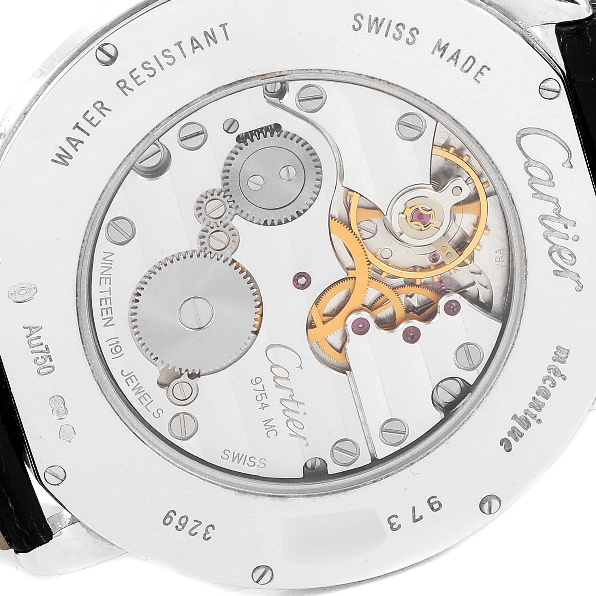 The image shows the back case of a Cartier Ronde WR007002 Men's White Gold Silver Dial WR007002 Men's White Gold Silver Dial model watch, revealing its intricate mechanical movement and components.