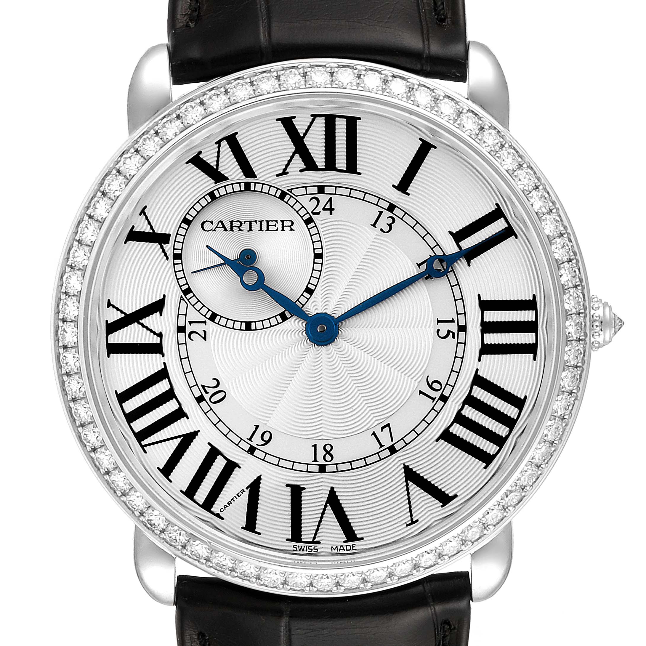 This image shows a close-up, front-facing view of the Cartier Ronde WR007002 Men's White Gold Silver Dial WR007002 Men's White Gold Silver Dial model watch, highlighting its dial and bezel.