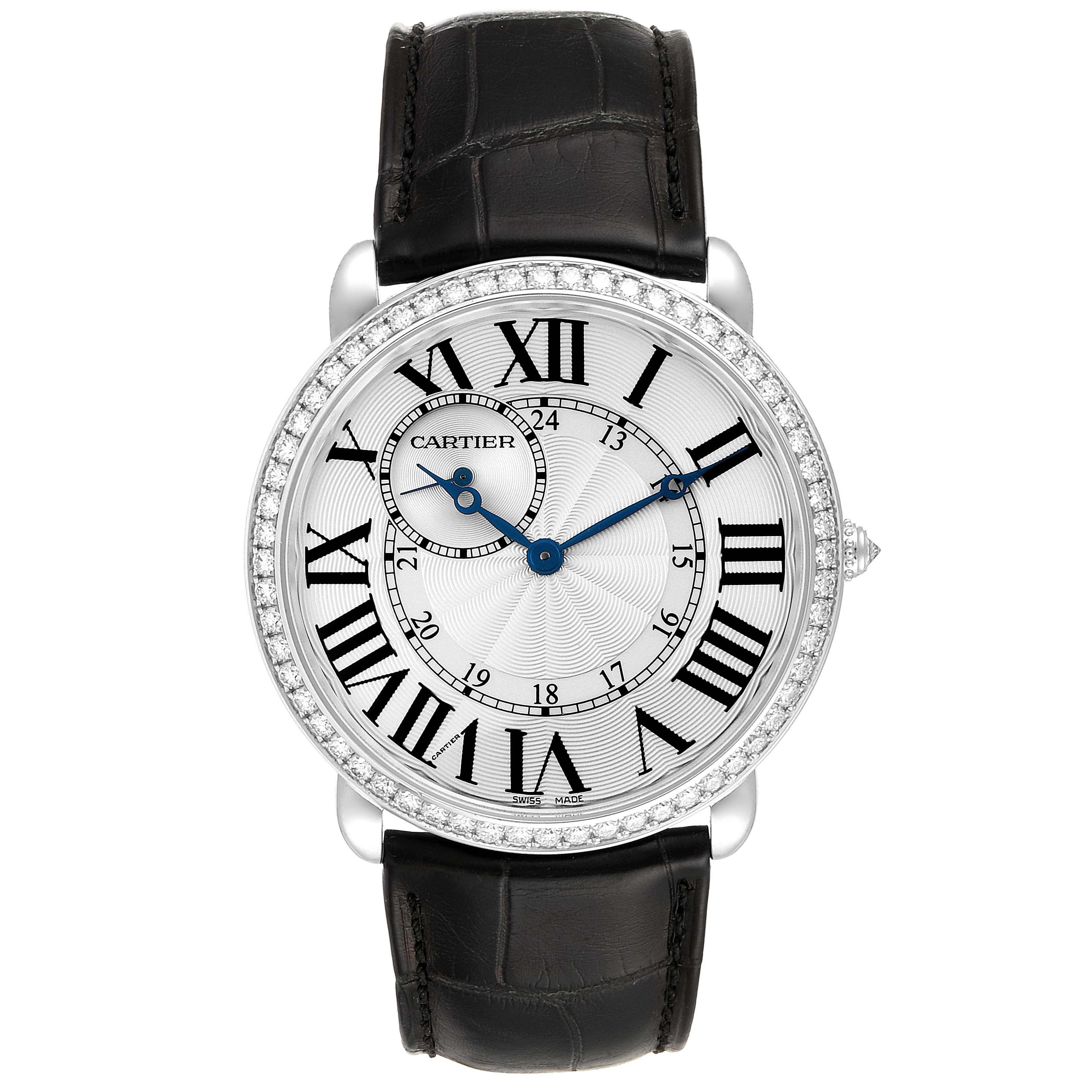 The image shows a frontal view of the Cartier Ronde WR007002 Men's White Gold Silver Dial WR007002 Men's White Gold Silver Dial model watch, featuring its face, bezel, and leather strap.