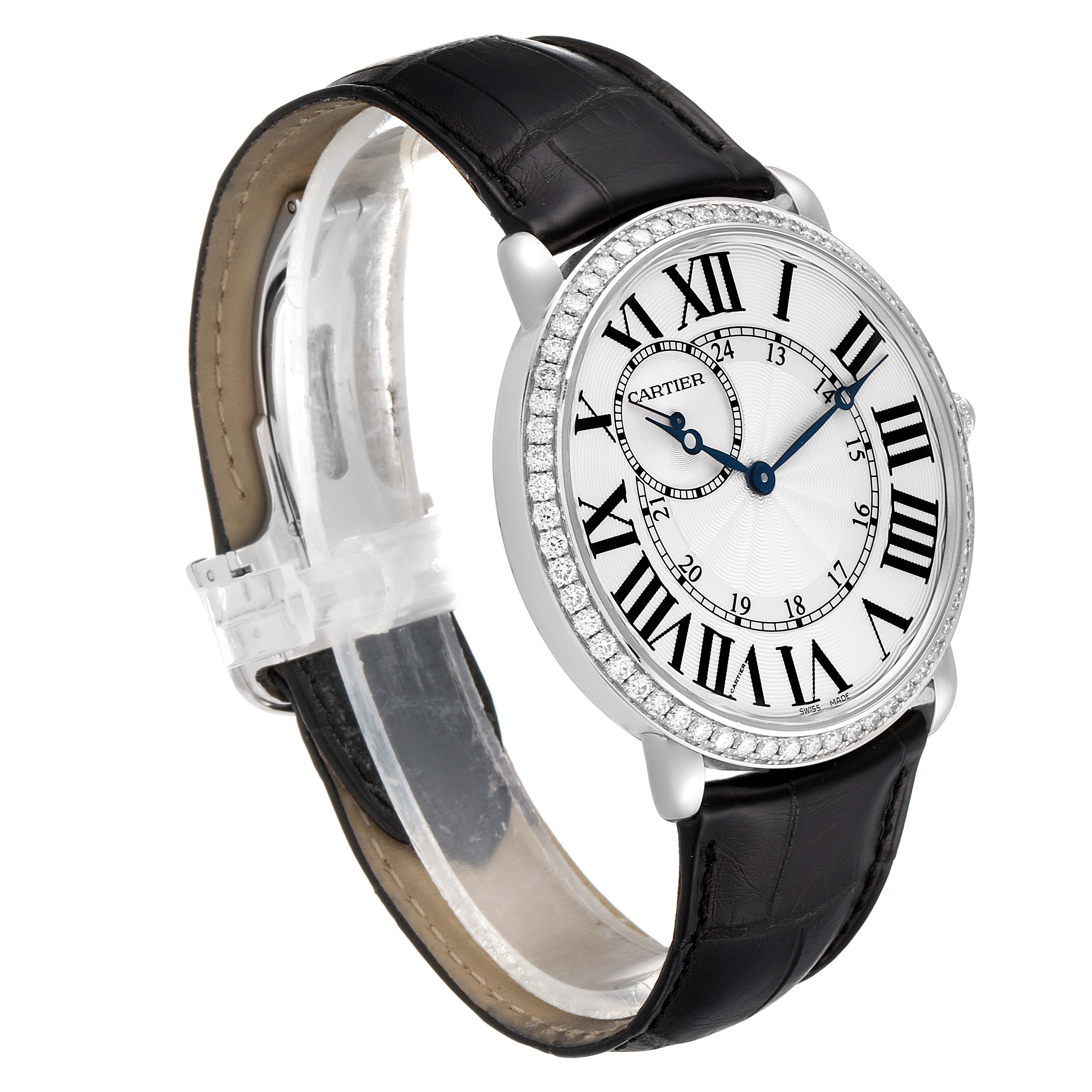 The image shows a Cartier Ronde WR007002 Men's White Gold Silver Dial WR007002 Men's White Gold Silver Dial watch, angled from the front-left, displaying its face, bezel, and leather strap.