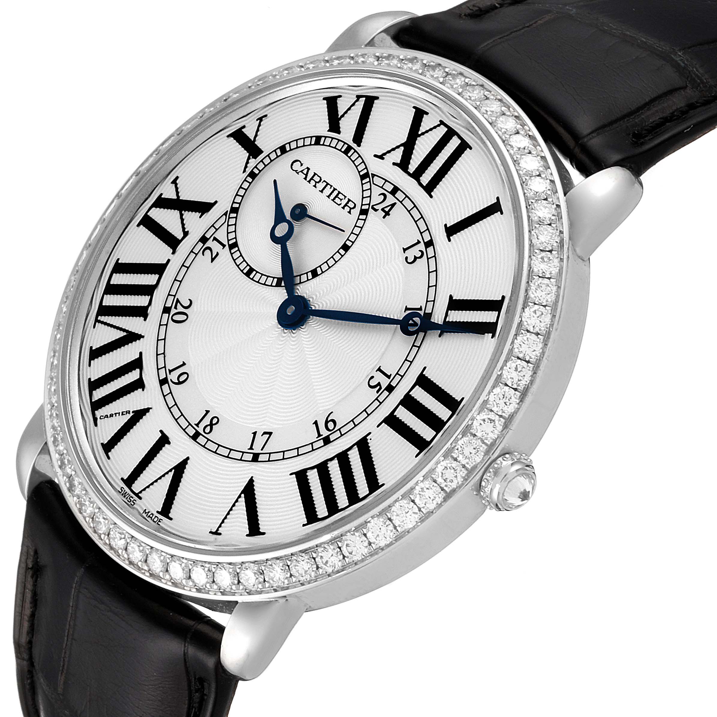 This image shows a Cartier Ronde WR007002 Men's White Gold Silver Dial WR007002 Men's White Gold Silver Dial watch from an oblique angle, highlighting the face, bezel, and part of the leather strap.