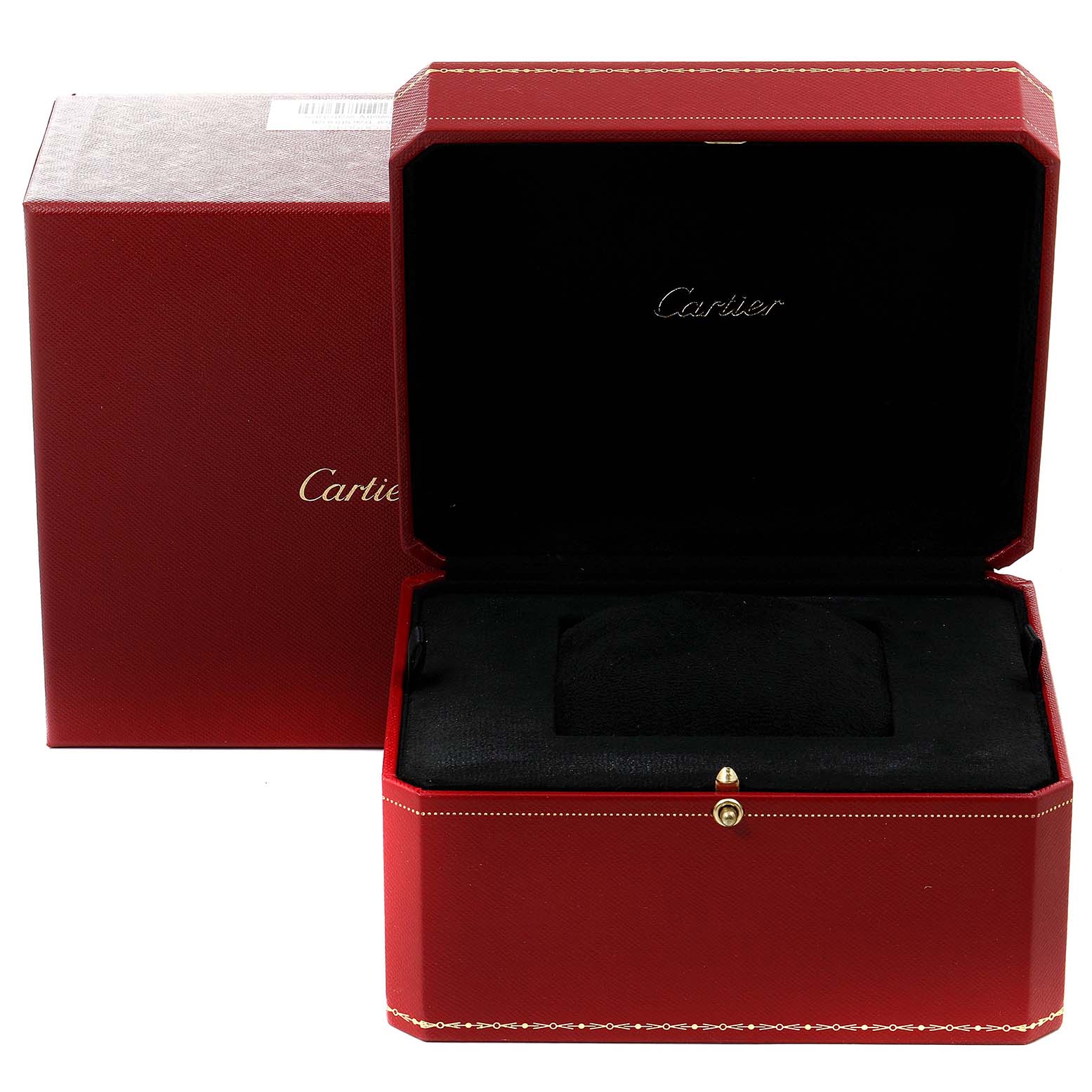 The image shows the open box of a Cartier Ronde WR007002 Men's White Gold Silver Dial WR007002 Men's White Gold Silver Dial watch, displaying the brand's signature red packaging and black interior.