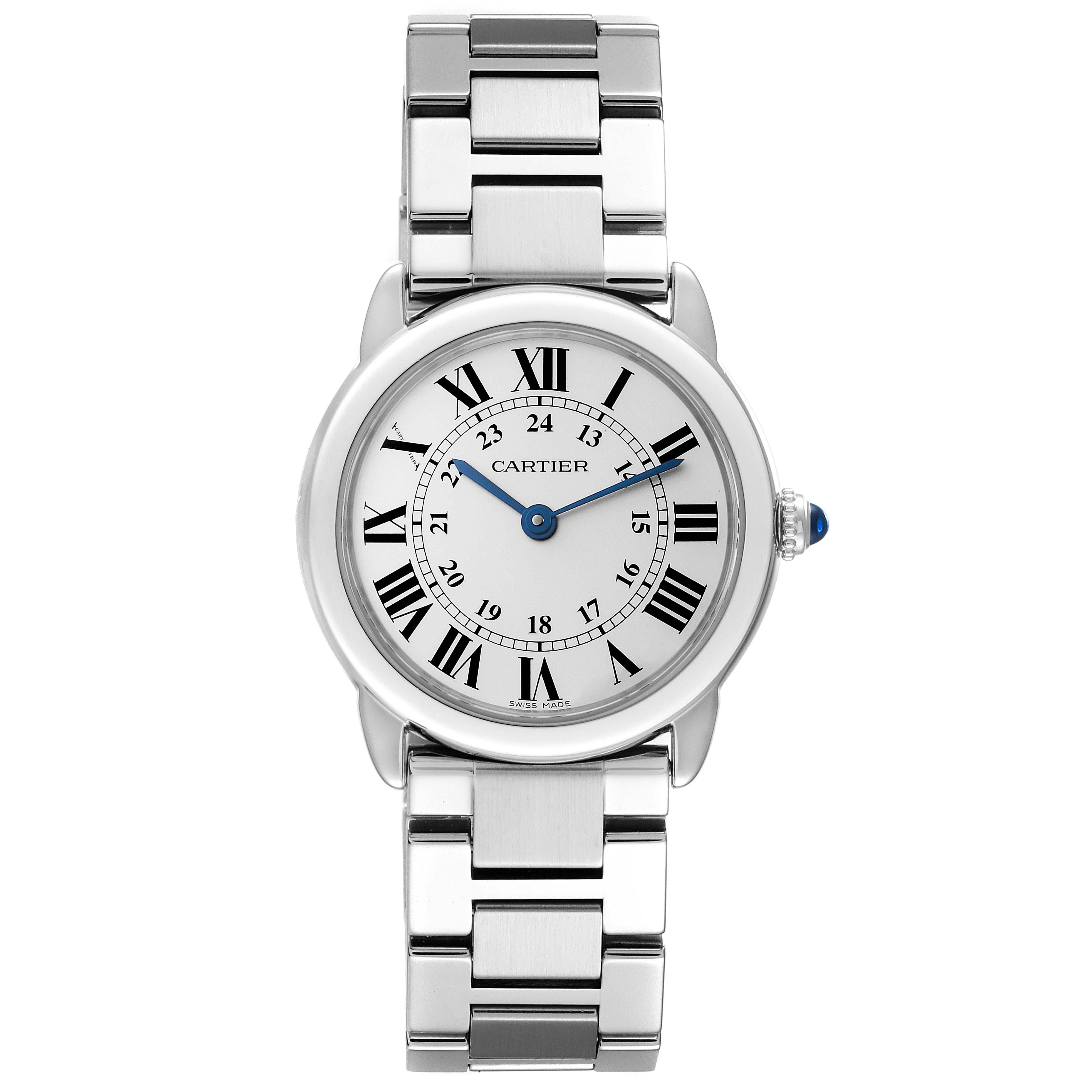 The image shows a front view of a Cartier Ronde W6701004 Women
s Stainless Steel Silver Dial W6701004 Women
s Stainless Steel Silver Dial model watch, highlighting its face, bracelet, and crown.