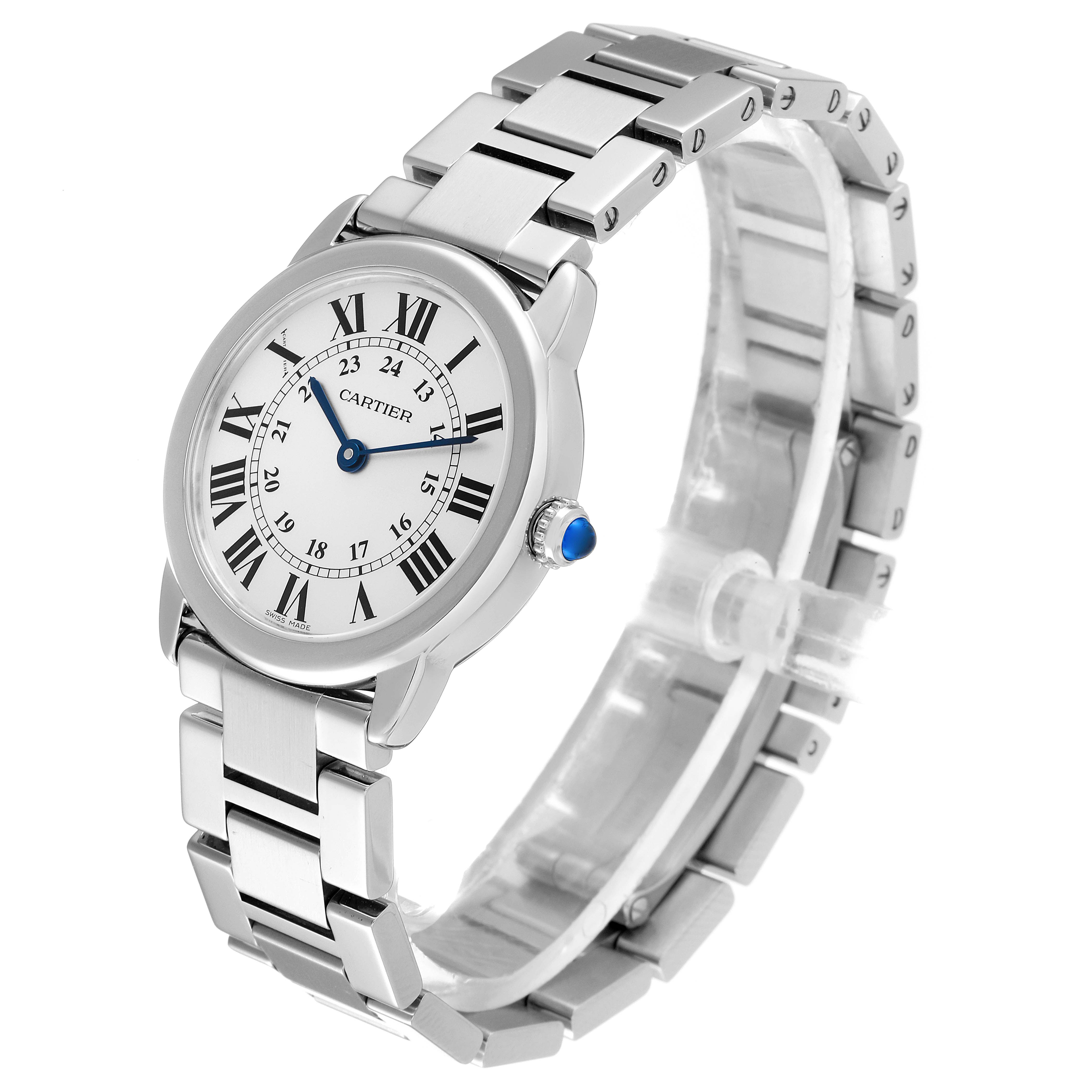 The Cartier Ronde W6701004 Women
s Stainless Steel Silver Dial W6701004 Women
s Stainless Steel Silver Dial watch is shown in a three-quarter front angle, highlighting its face, bezel, and stainless steel bracelet.
