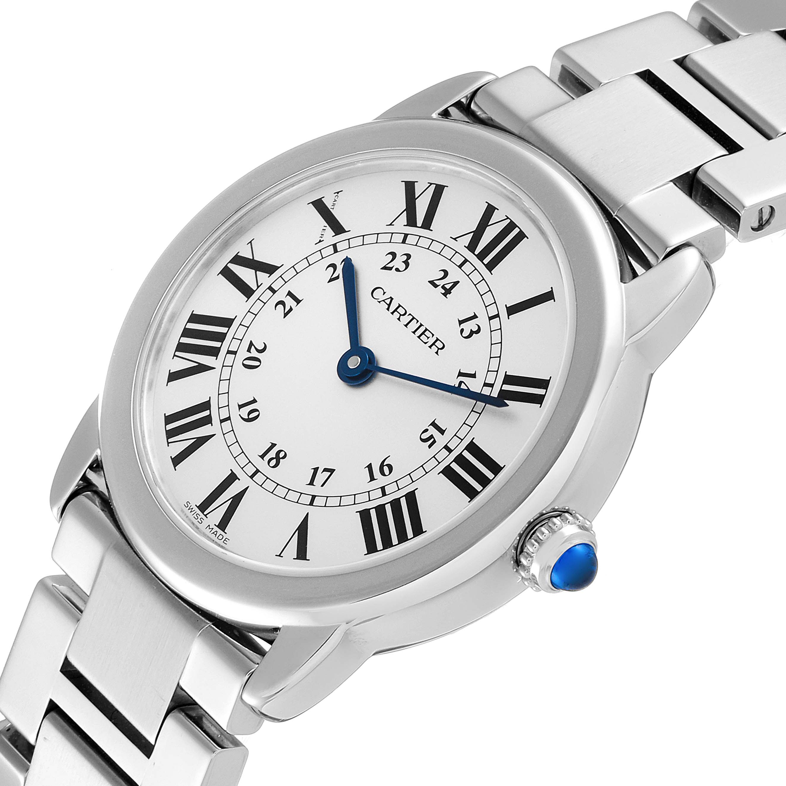 This image shows a Cartier Ronde W6701004 Women
s Stainless Steel Silver Dial W6701004 Women
s Stainless Steel Silver Dial model watch from a slight angle, highlighting the face, bezel, crown, and part of the bracelet.