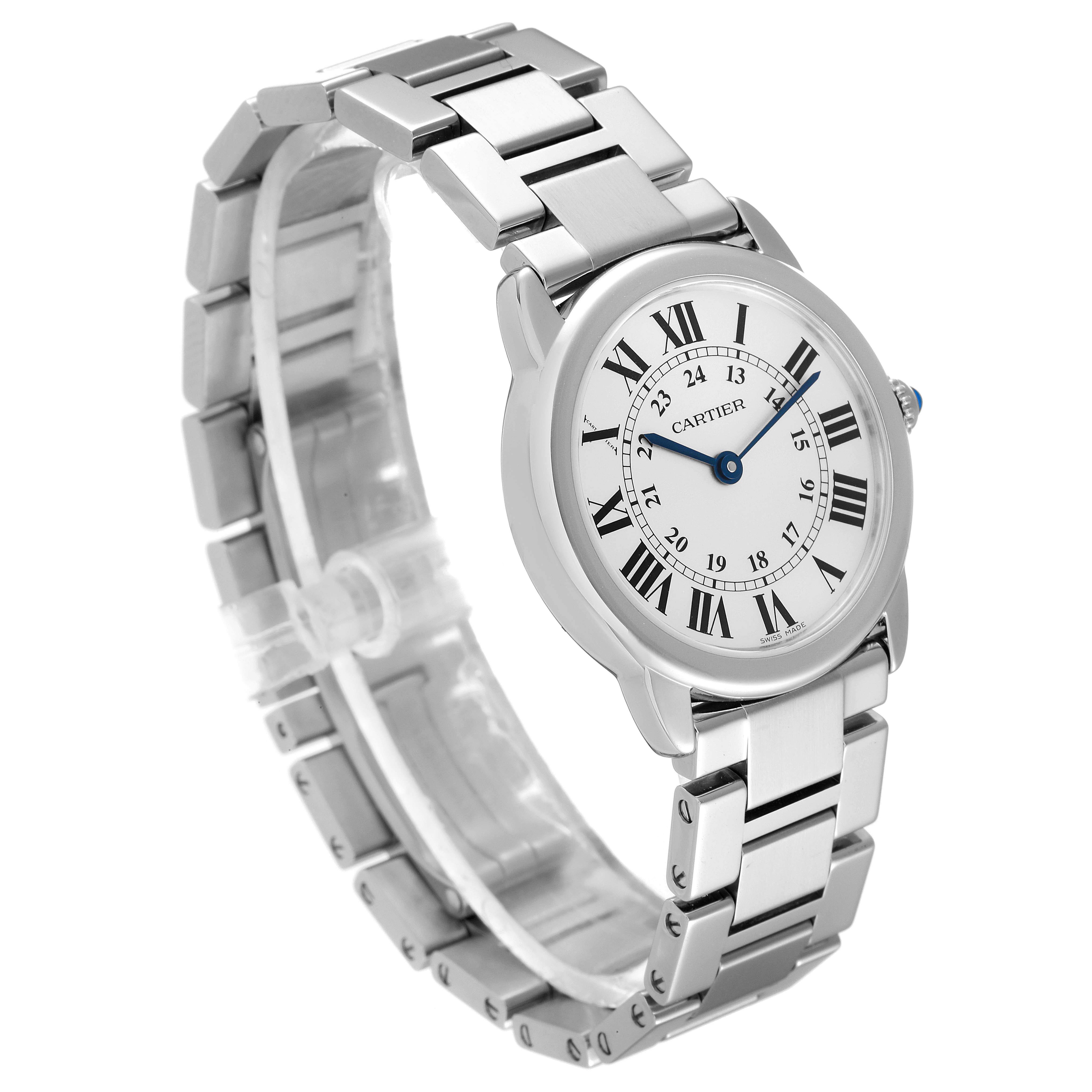The Cartier Ronde W6701004 Women
s Stainless Steel Silver Dial W6701004 Women
s Stainless Steel Silver Dial watch is shown at an angled view displaying its face, bracelet, and part of the crown.