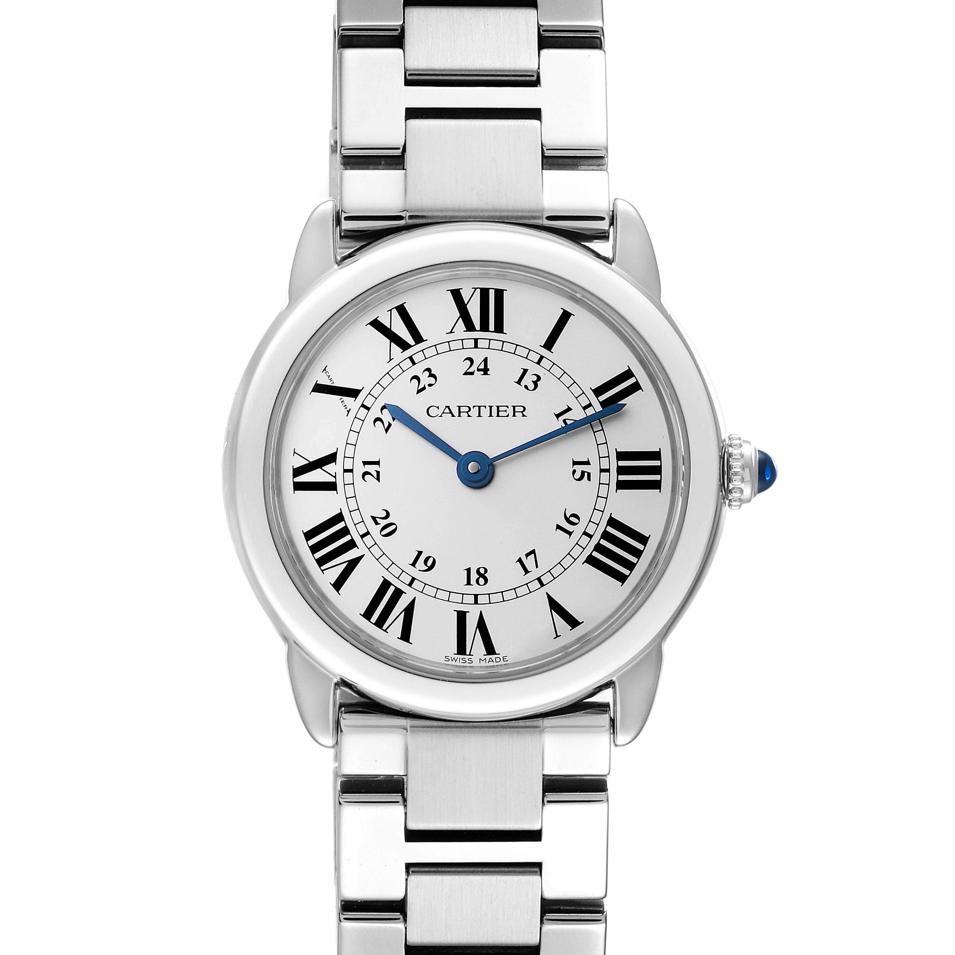 This Cartier Ronde W6701004 Women
s Stainless Steel Silver Dial W6701004 Women
s Stainless Steel Silver Dial watch is shown from a top-down angle, displaying the face, bracelet, and crown.