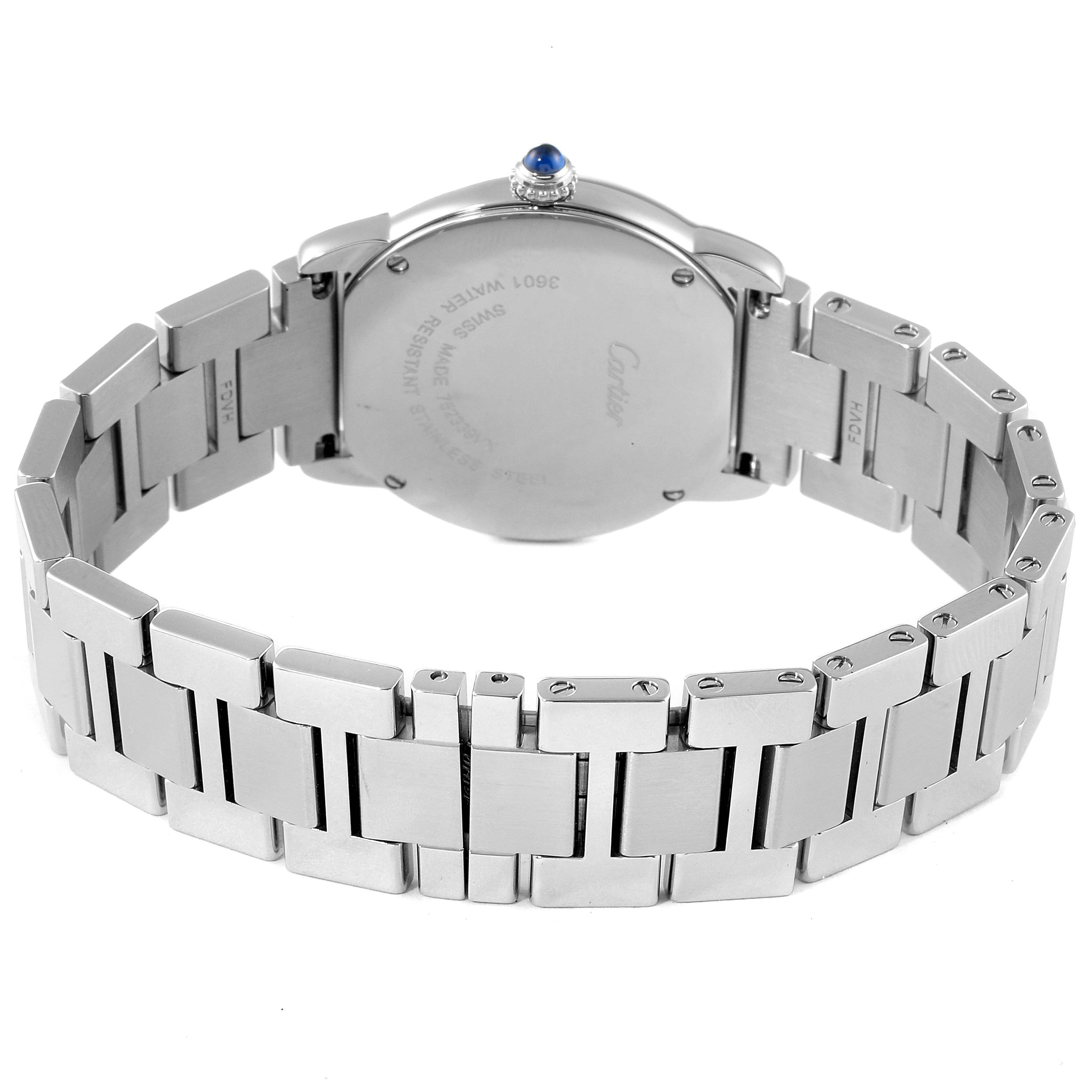 This image shows the back view of a Cartier Ronde W6701004 Women
s Stainless Steel Silver Dial W6701004 Women
s Stainless Steel Silver Dial model watch, focusing on the stainless steel bracelet and case back.