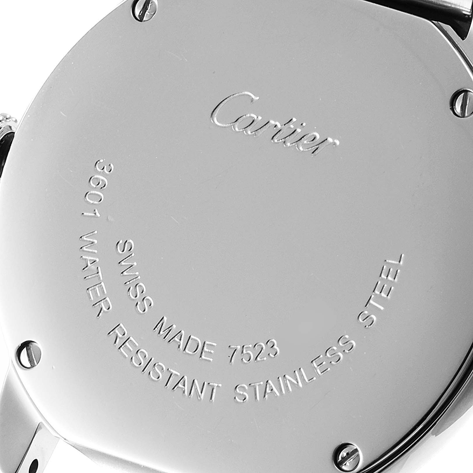 This image shows the back case of a Cartier Ronde W6701004 Women
s Stainless Steel Silver Dial W6701004 Women
s Stainless Steel Silver Dial watch, detailing the engraved brand and specifications.