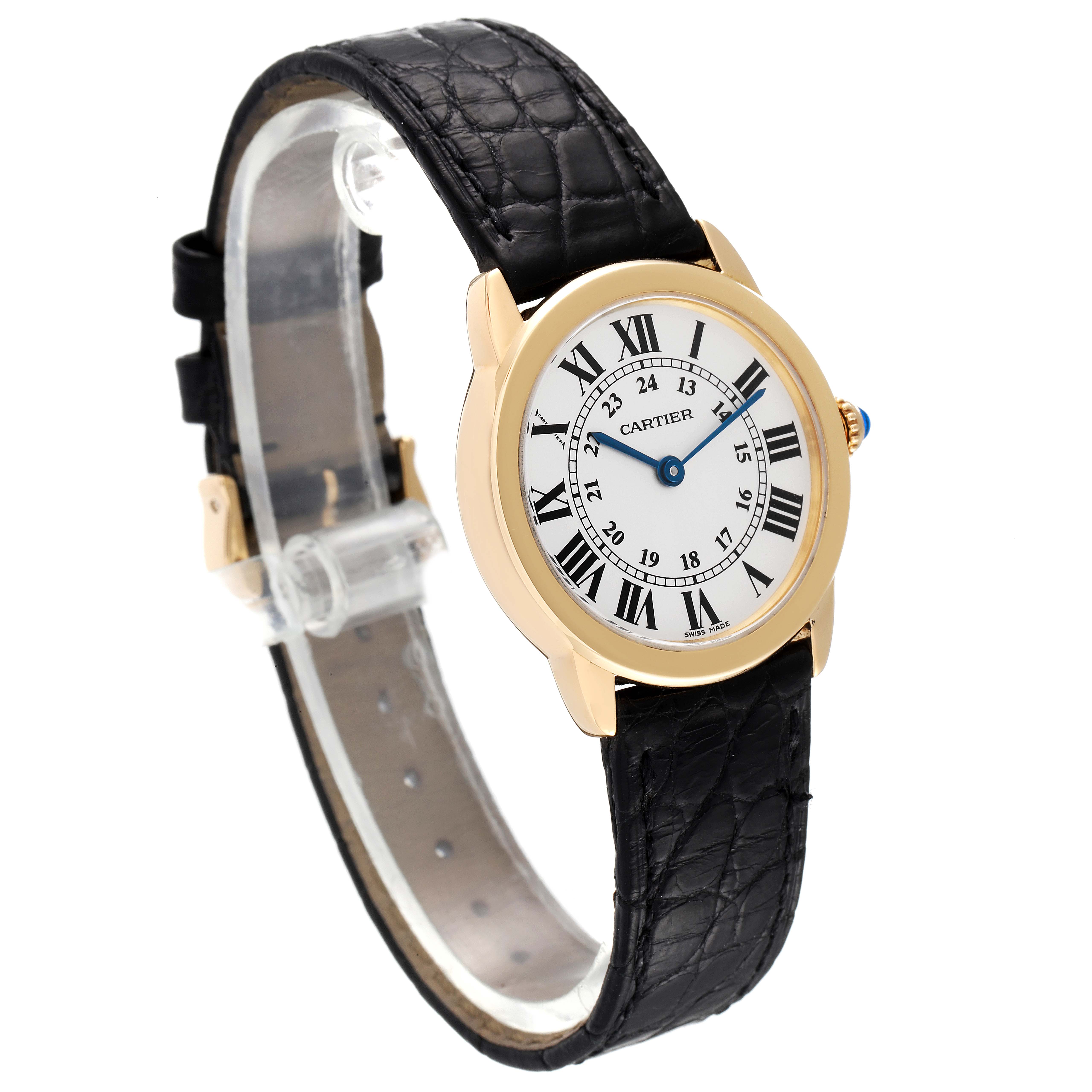 The Ronde model by Cartier is shown at a slight angle, displaying the face, bezel, crown, and strap.