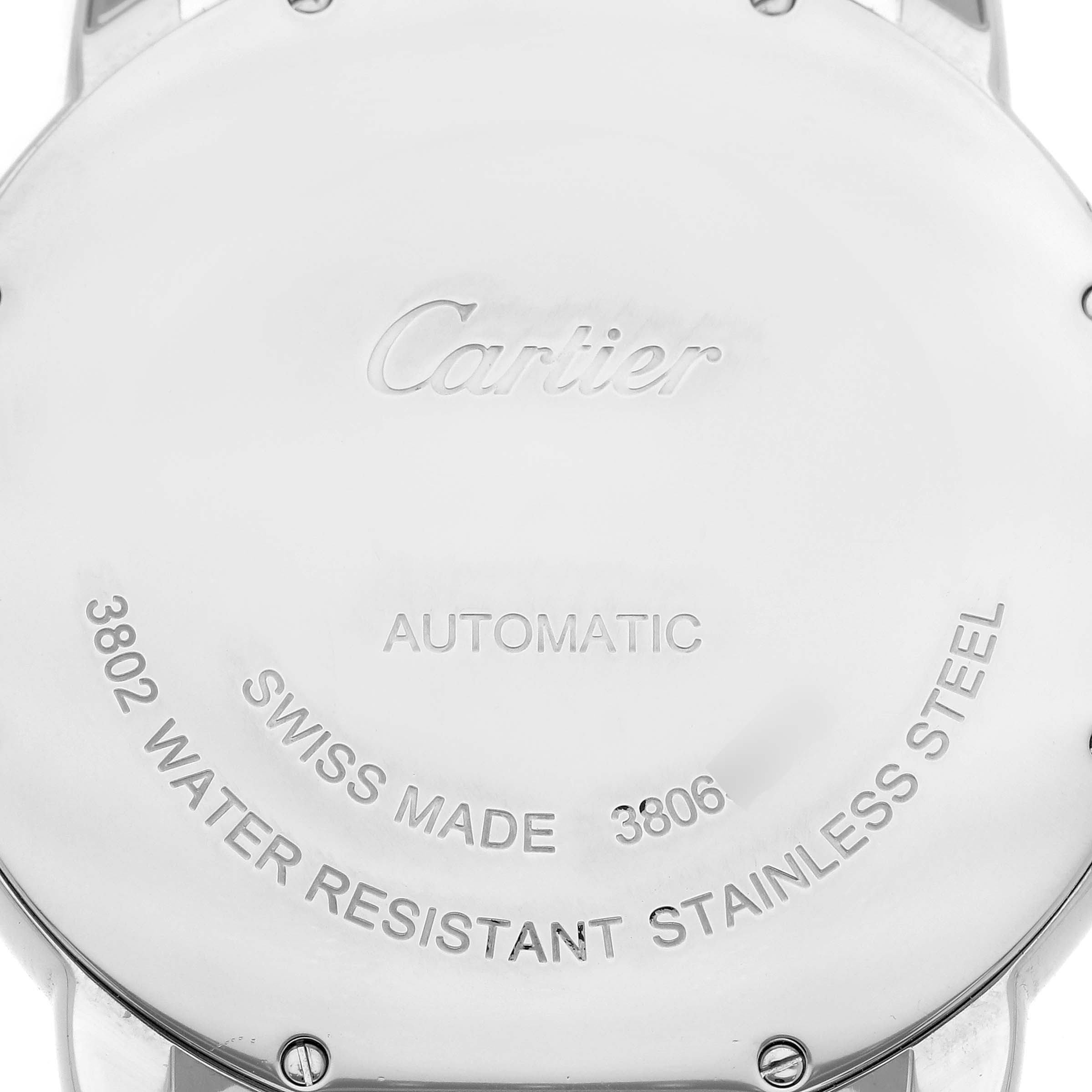 The image shows the back of the Cartier Ronde WSRN0023 Men's Stainless Steel Blue Dial WSRN0023 Men's Stainless Steel Blue Dial watch, highlighting inscriptions and stainless steel material details.