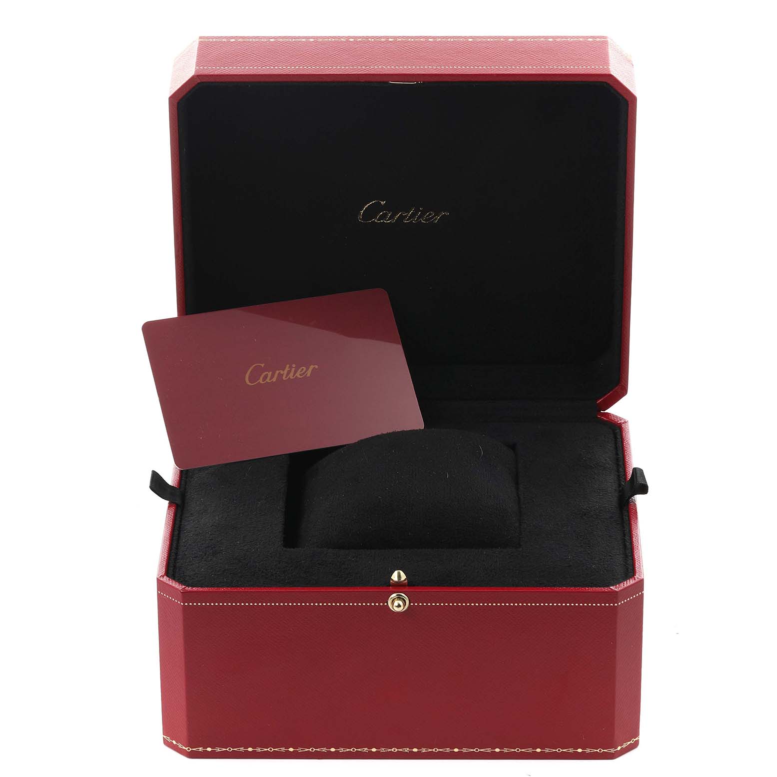 The image shows a Cartier Ronde WSRN0023 Men's Stainless Steel Blue Dial WSRN0023 Men's Stainless Steel Blue Dial watch box with an open lid and a branded card inside.