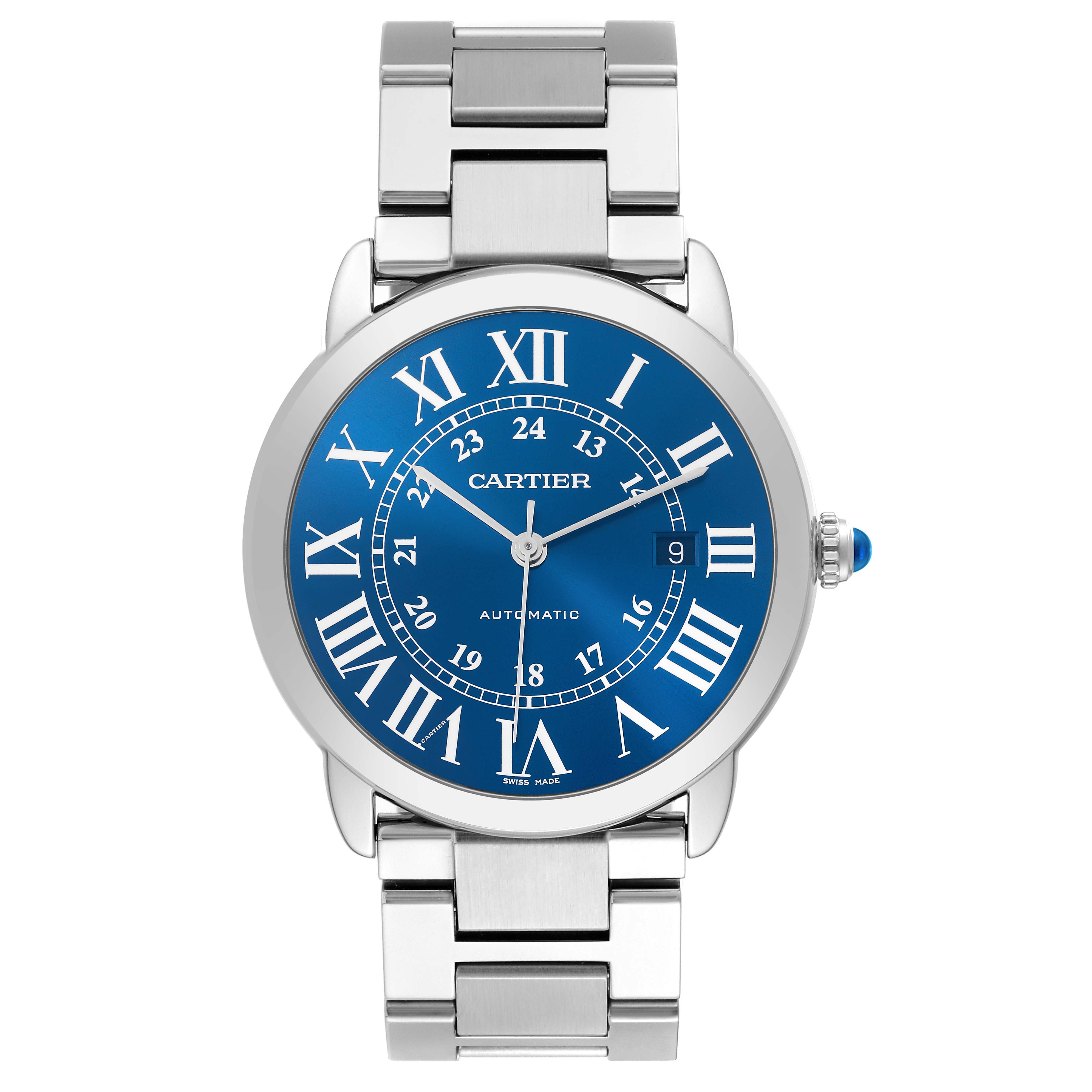 The Cartier Ronde WSRN0023 Men's Stainless Steel Blue Dial WSRN0023 Men's Stainless Steel Blue Dial watch is shown from a front angle, displaying its blue dial, Roman numerals, and metallic bracelet.