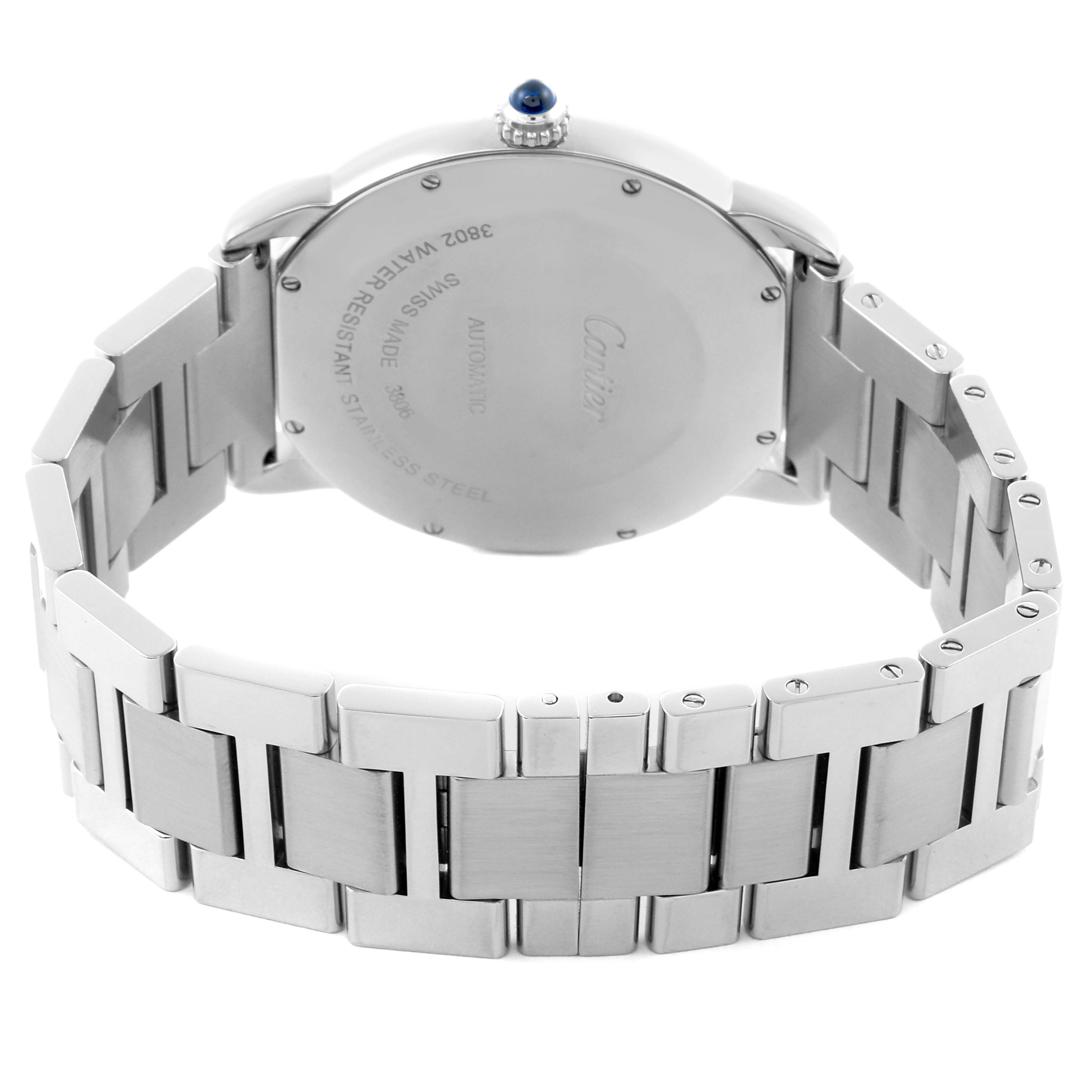 The Cartier Ronde WSRN0023 Men's Stainless Steel Blue Dial WSRN0023 Men's Stainless Steel Blue Dial watch is shown from the back, highlighting the case back and bracelet.