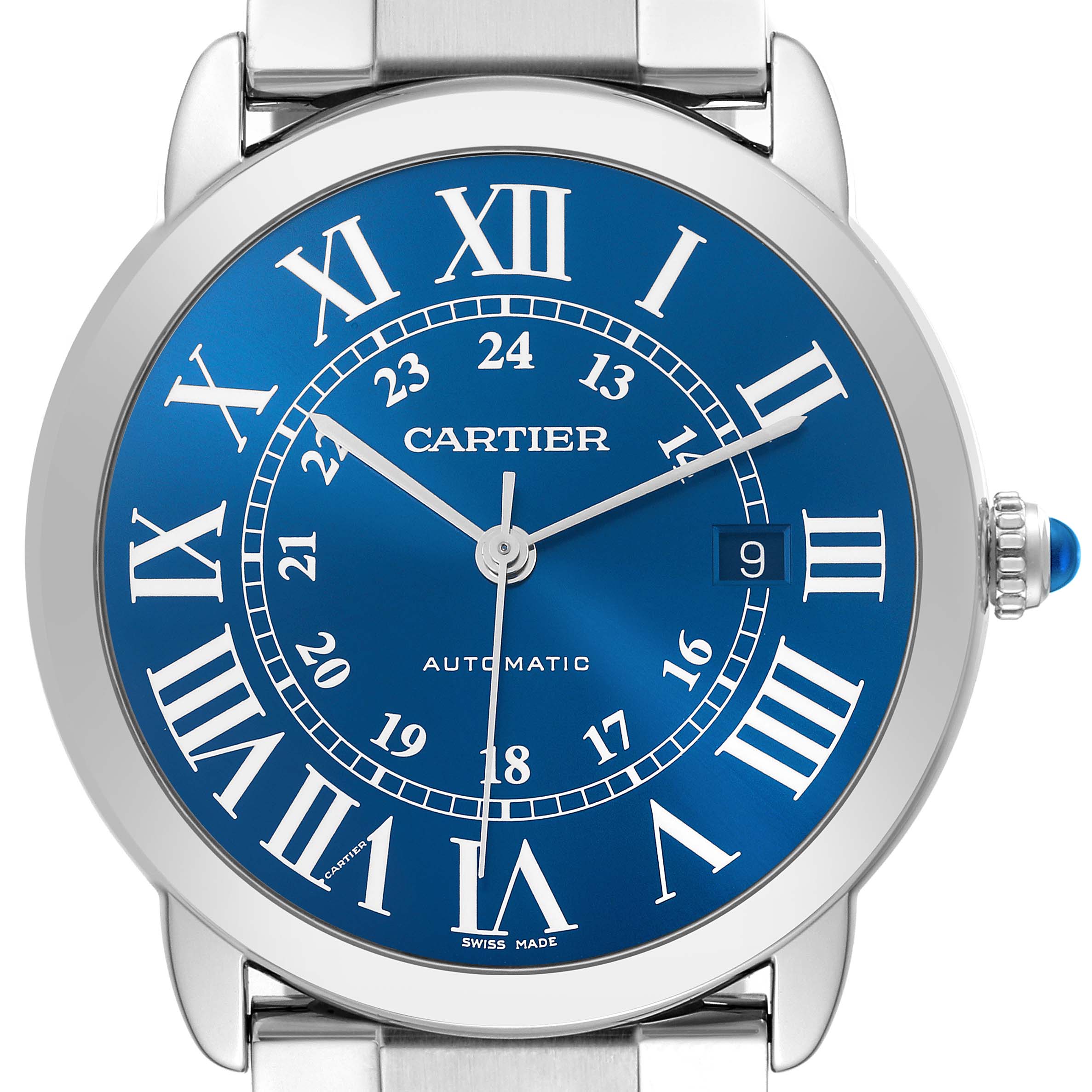 The image shows a Cartier Ronde WSRN0023 Men's Stainless Steel Blue Dial WSRN0023 Men's Stainless Steel Blue Dial watch from a straight-on angle, highlighting the blue dial, Roman numerals, and crown.