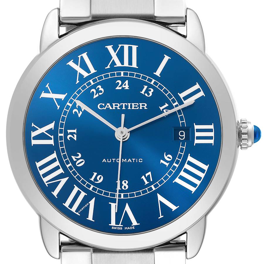 The image shows a Cartier Ronde watch from a straight-on angle, highlighting the blue dial, Roman numerals, and crown.