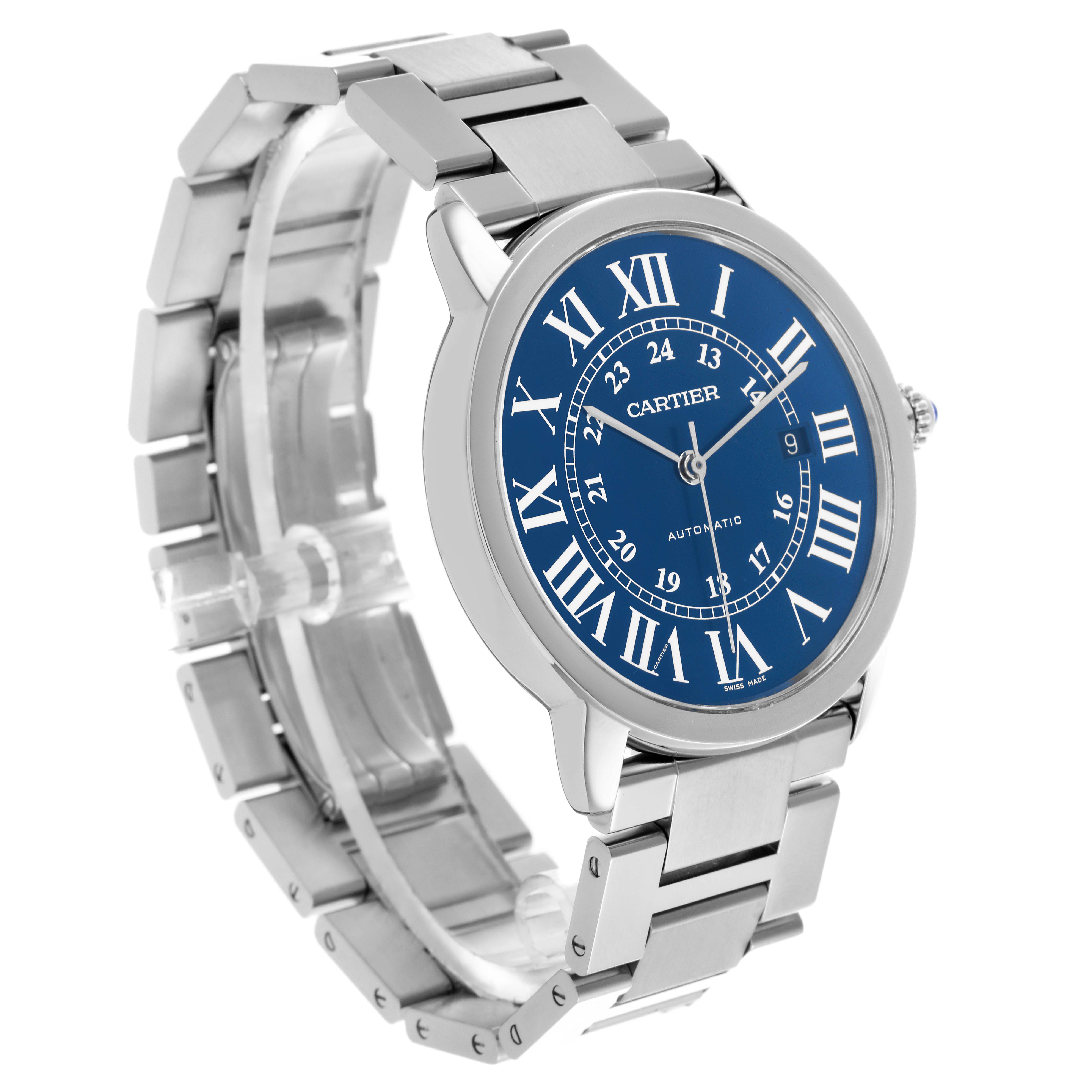 The Cartier Ronde WSRN0023 Men's Stainless Steel Blue Dial WSRN0023 Men's Stainless Steel Blue Dial watch is shown at a three-quarter angle, displaying the face, bezel, bracelet, and clasp.