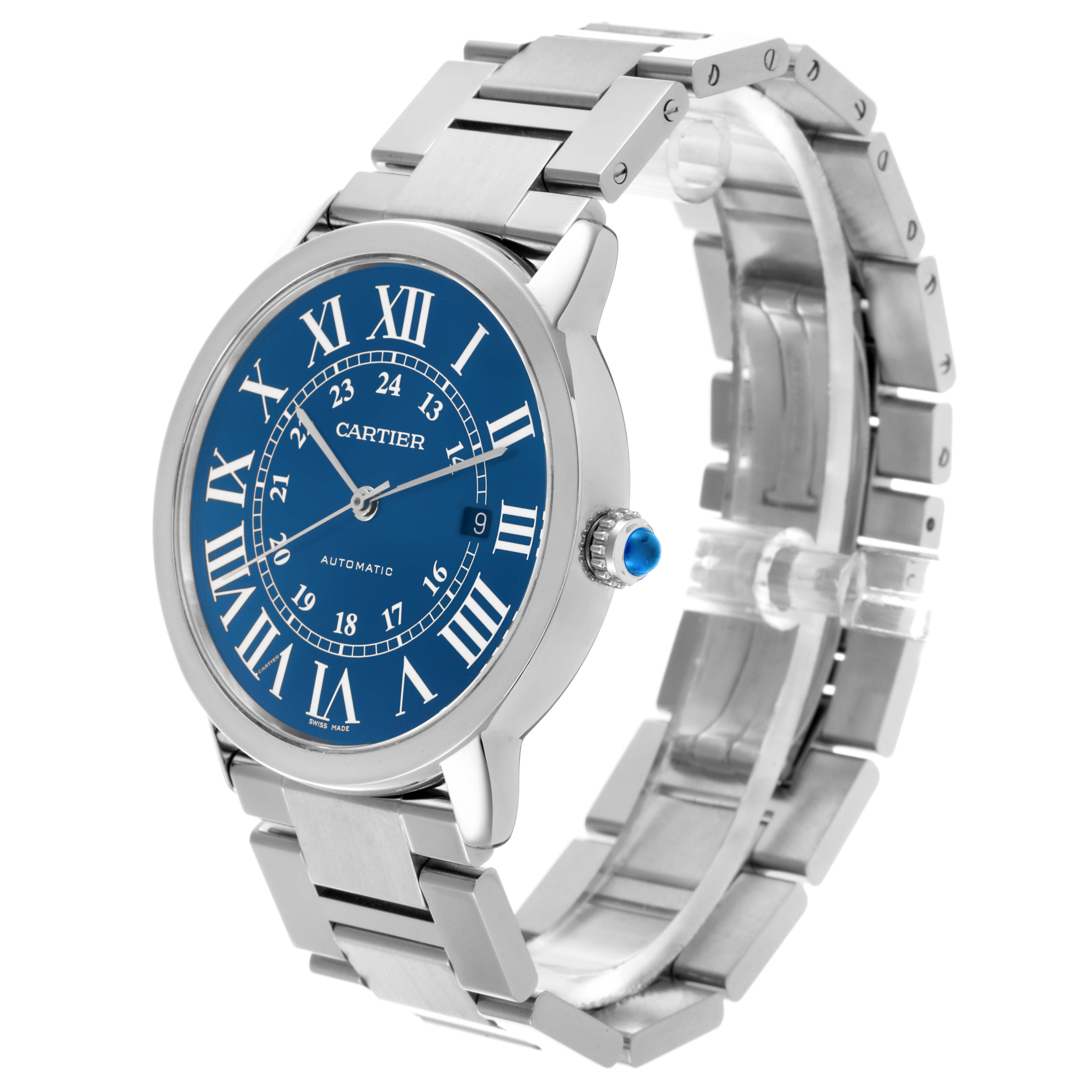 The Cartier Ronde WSRN0023 Men's Stainless Steel Blue Dial WSRN0023 Men's Stainless Steel Blue Dial watch is angled to show its face, side profile, and metal bracelet, with a focus on the blue dial and crown.