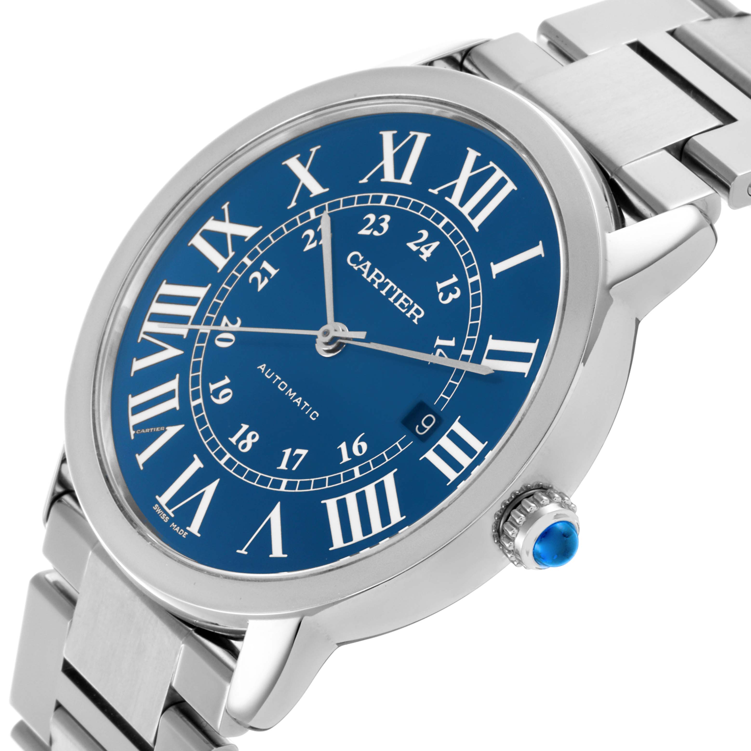 The Cartier Ronde WSRN0023 Men's Stainless Steel Blue Dial WSRN0023 Men's Stainless Steel Blue Dial watch is shown at an angled side view, highlighting its blue dial, Roman numerals, and metal bracelet.