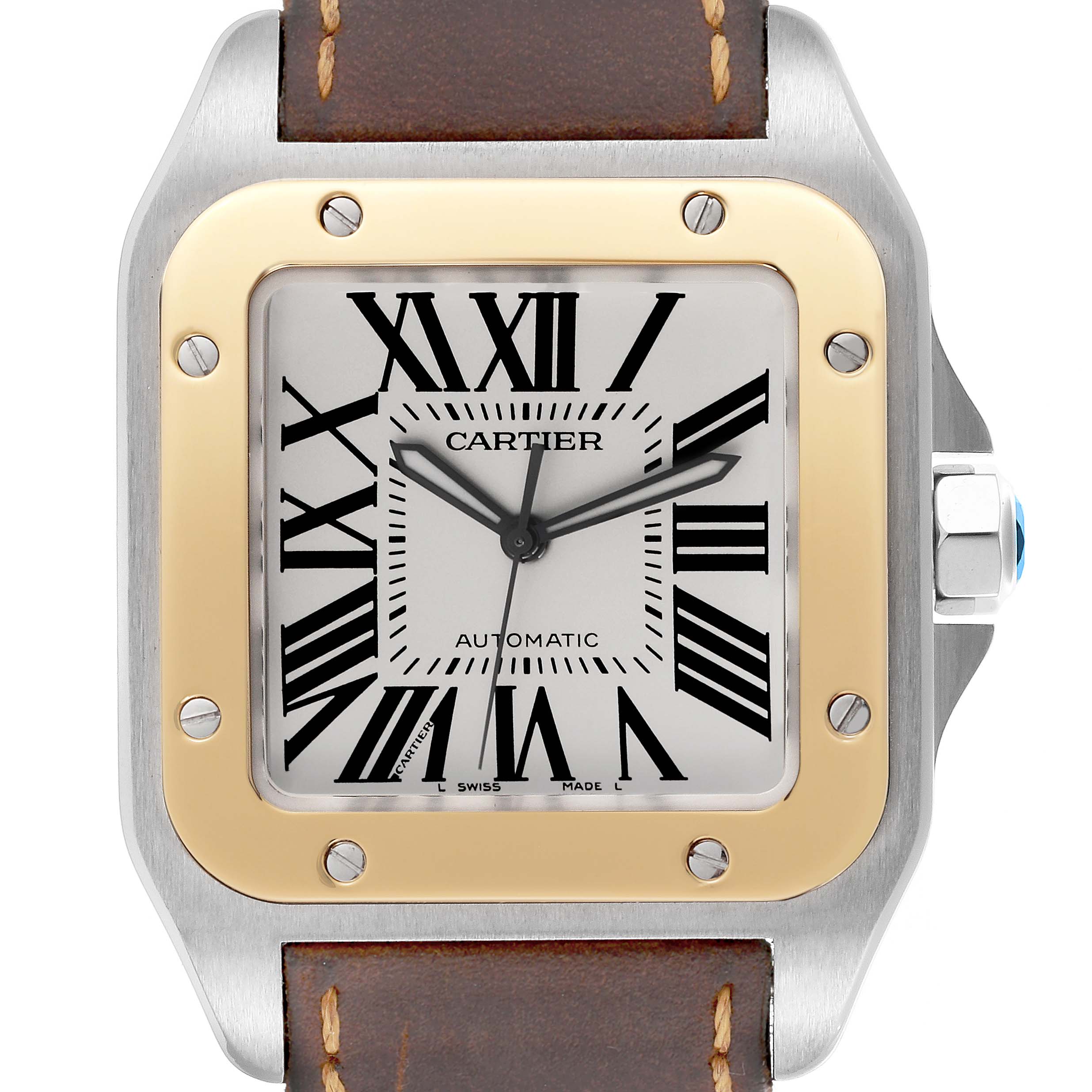 The image shows a front view of a Cartier Santos W20072X7 Men's Steel and Gold (two tone) Silver Dial W20072X7 Men's Steel and Gold (two tone) Silver Dial watch, displaying the dial, bezel, and part of the leather strap.