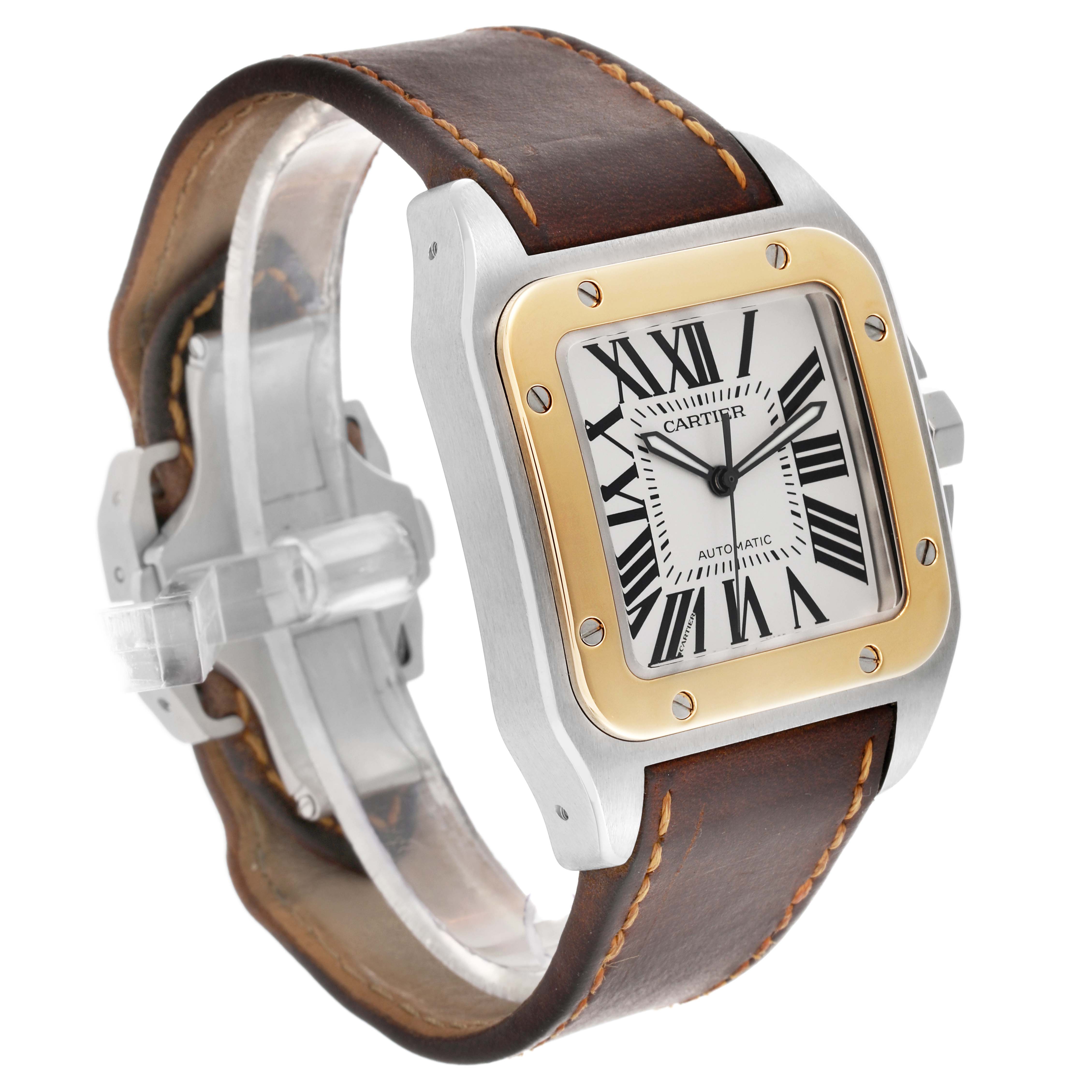 The Cartier Santos W20072X7 Men's Steel and Gold (two tone) Silver Dial W20072X7 Men's Steel and Gold (two tone) Silver Dial watch is shown at a three-quarter angle, highlighting the face, bezel, and leather strap.