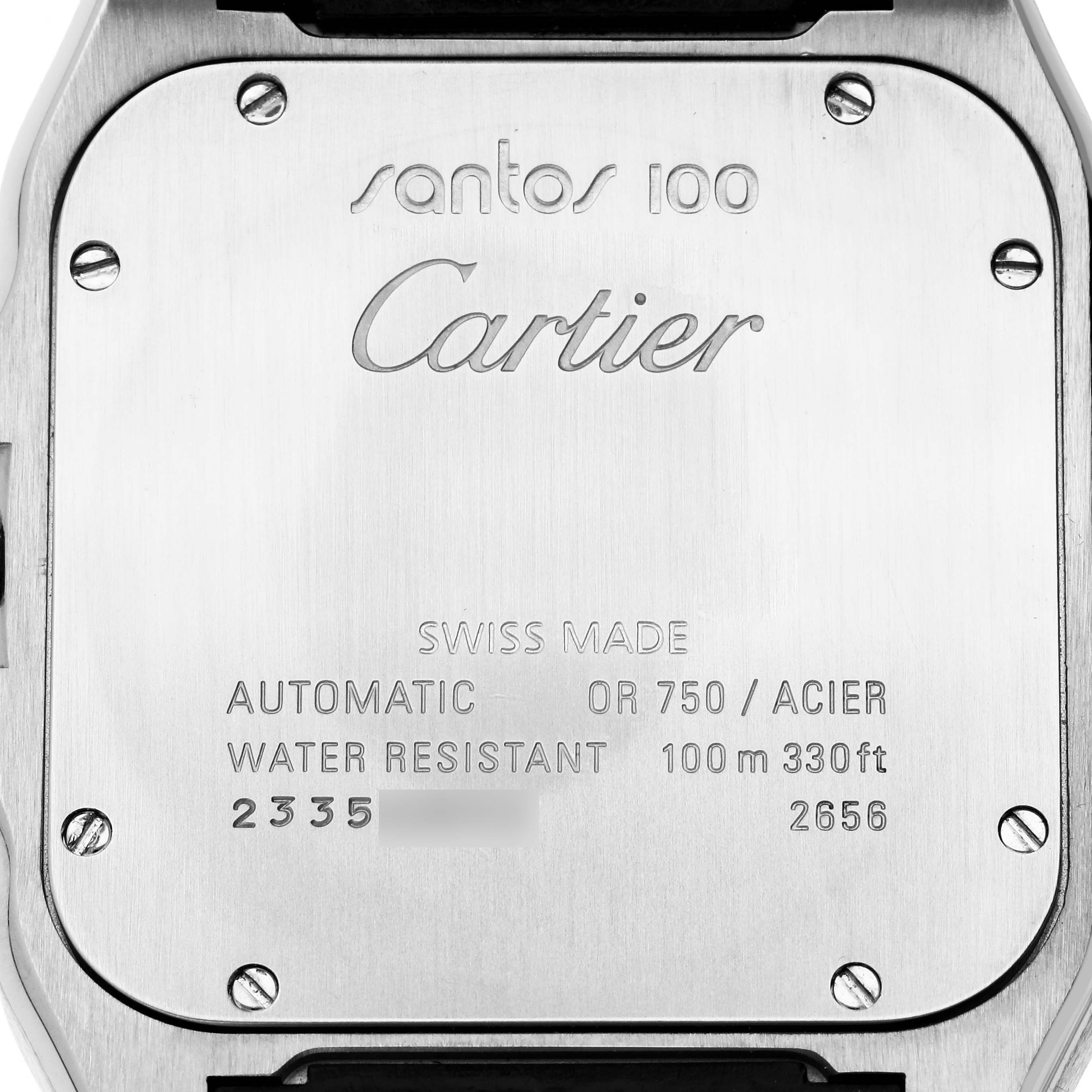 The image shows the case back of the Cartier Santos W20072X7 Men's Steel and Gold (two tone) Silver Dial W20072X7 Men's Steel and Gold (two tone) Silver Dial model, featuring brand engravings and specifications.