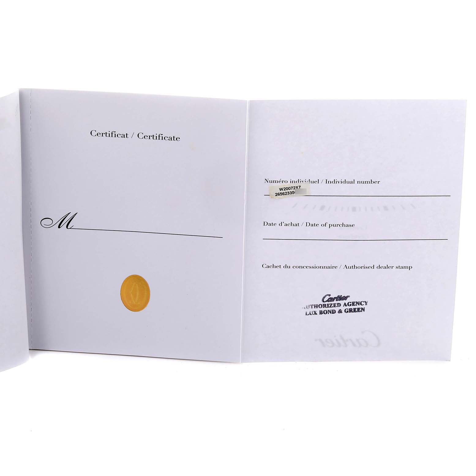 This image shows a certificate for a Cartier Santos W20072X7 Men's Steel and Gold (two tone) Silver Dial W20072X7 Men's Steel and Gold (two tone) Silver Dial model watch, featuring individual number and dealer stamp sections.