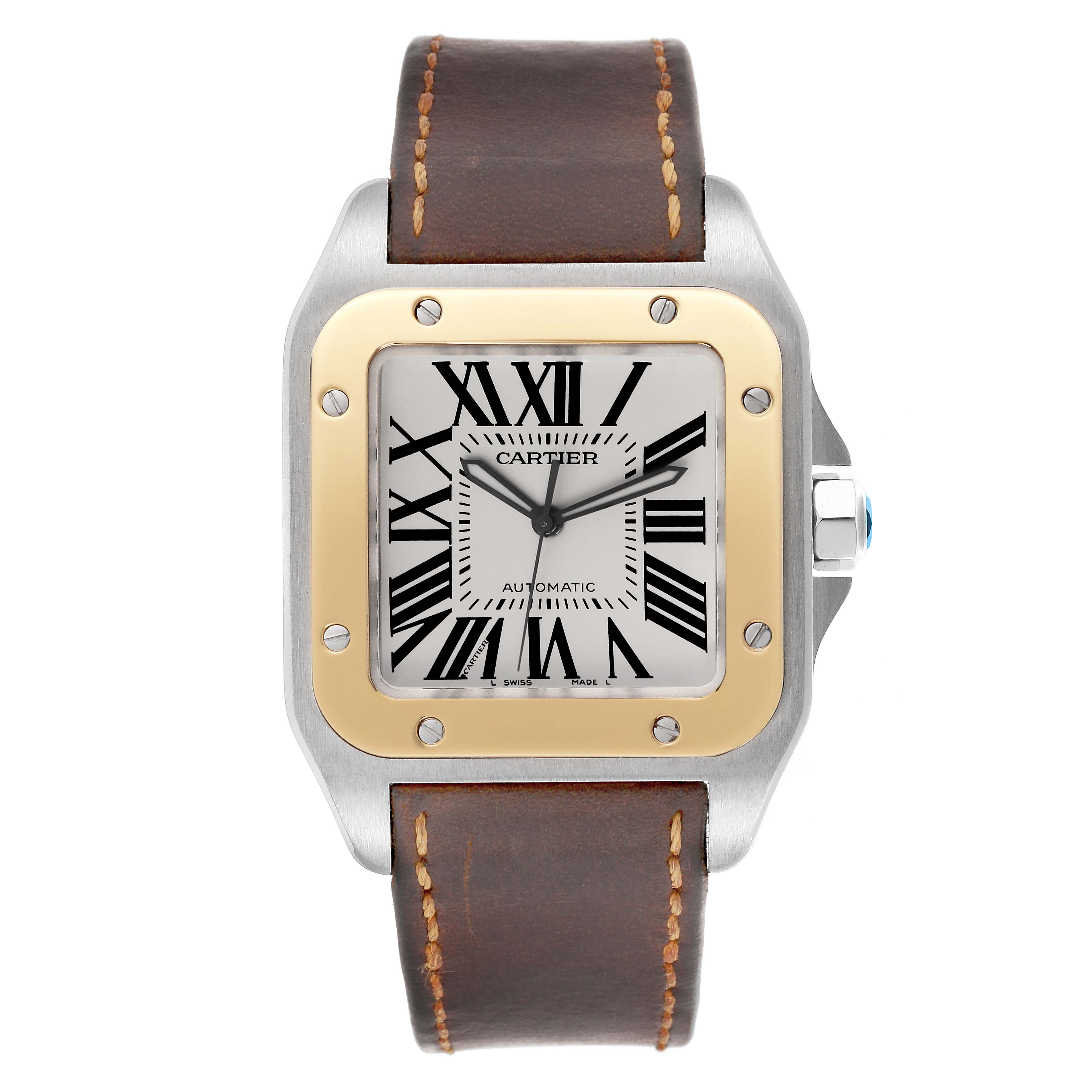 The Cartier Santos W20072X7 Men's Steel and Gold (two tone) Silver Dial W20072X7 Men's Steel and Gold (two tone) Silver Dial watch is shown from a front angle, displaying its square face, Roman numerals, and leather strap.