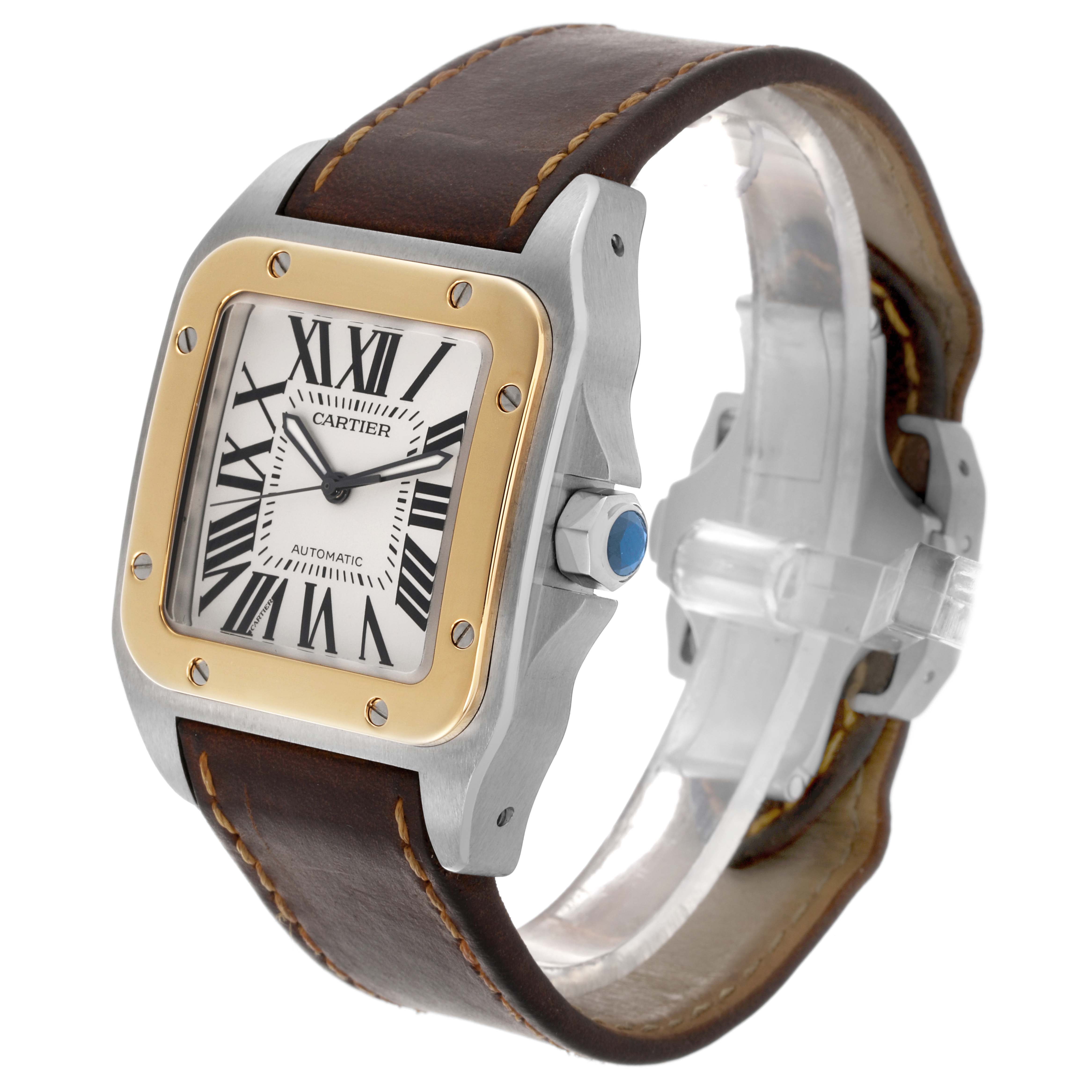 The Cartier Santos W20072X7 Men's Steel and Gold (two tone) Silver Dial W20072X7 Men's Steel and Gold (two tone) Silver Dial watch is shown at a three-quarter angle, highlighting the face, bezel, crown, and leather strap.