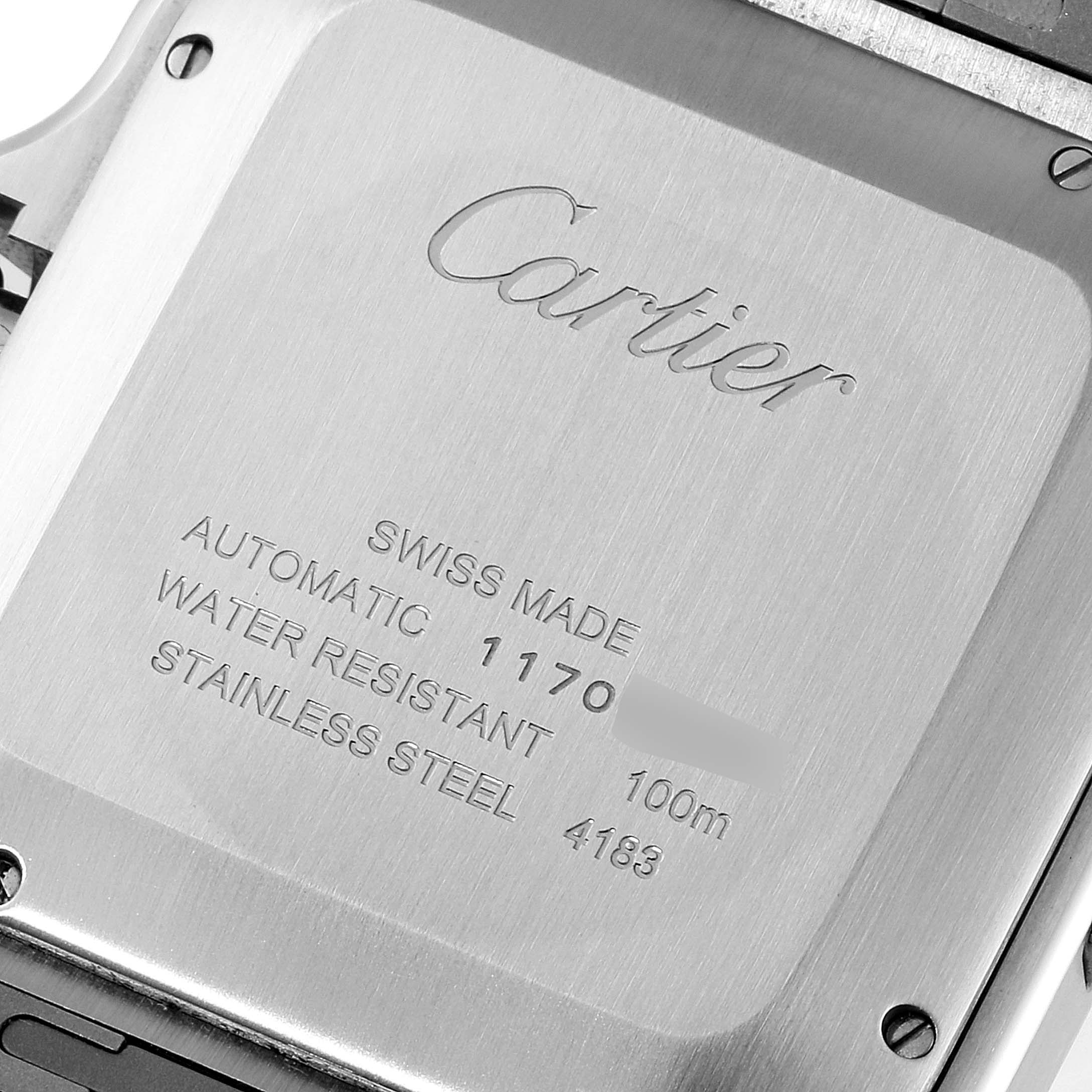 This image shows the back casing of a Cartier Santos WSSA0017 Men
s Stainless Steel Silver Dial WSSA0017 Men
s Stainless Steel Silver Dial watch, highlighting details like water resistance and material.