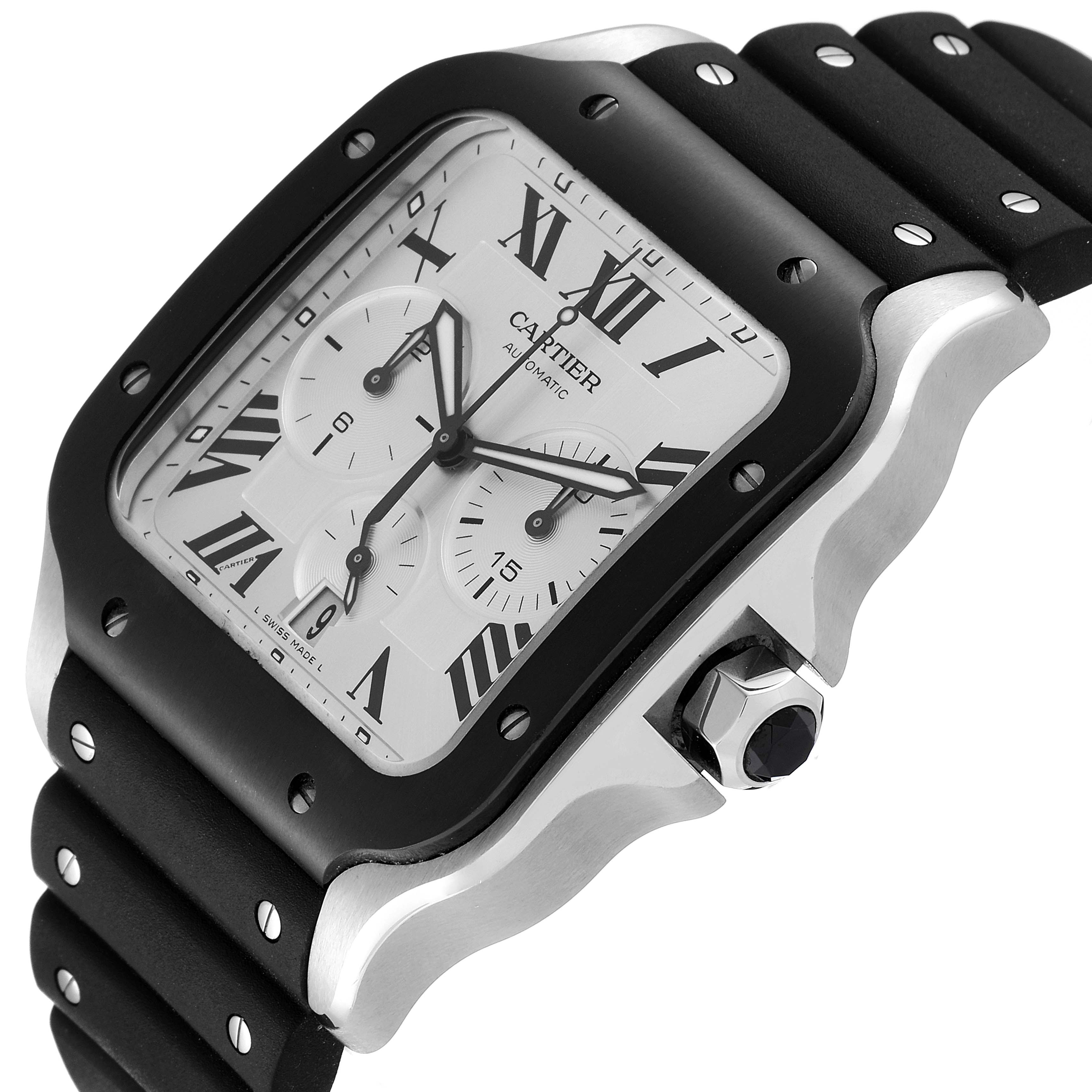 The image shows a close-up, angled view of a Cartier Santos WSSA0017 Men
s Stainless Steel Silver Dial WSSA0017 Men
s Stainless Steel Silver Dial model watch, highlighting its face, bezel, and part of the strap.