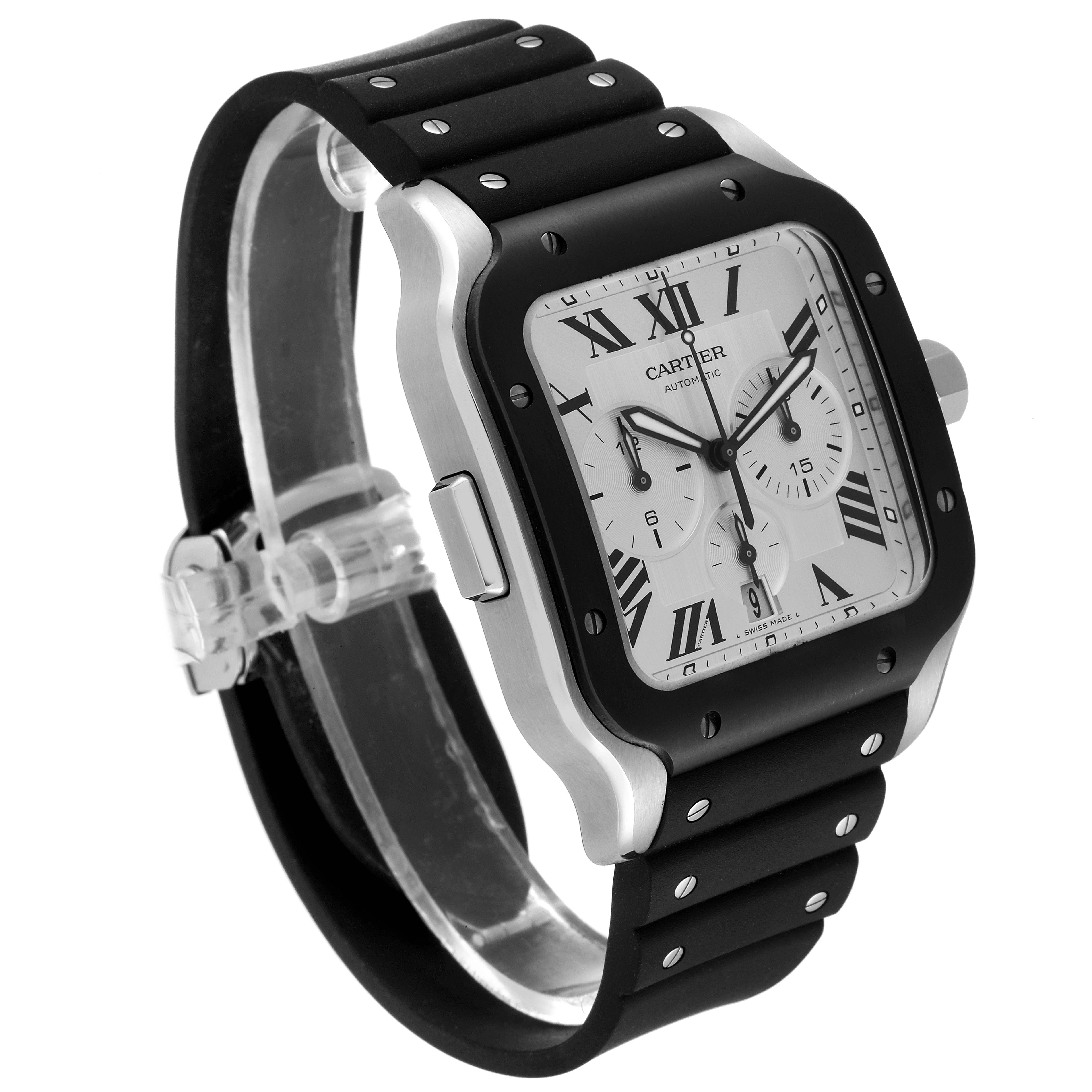 The Cartier Santos WSSA0017 Men
s Stainless Steel Silver Dial WSSA0017 Men
s Stainless Steel Silver Dial watch is shown at an angle displaying the face, bezel, and rubber strap.