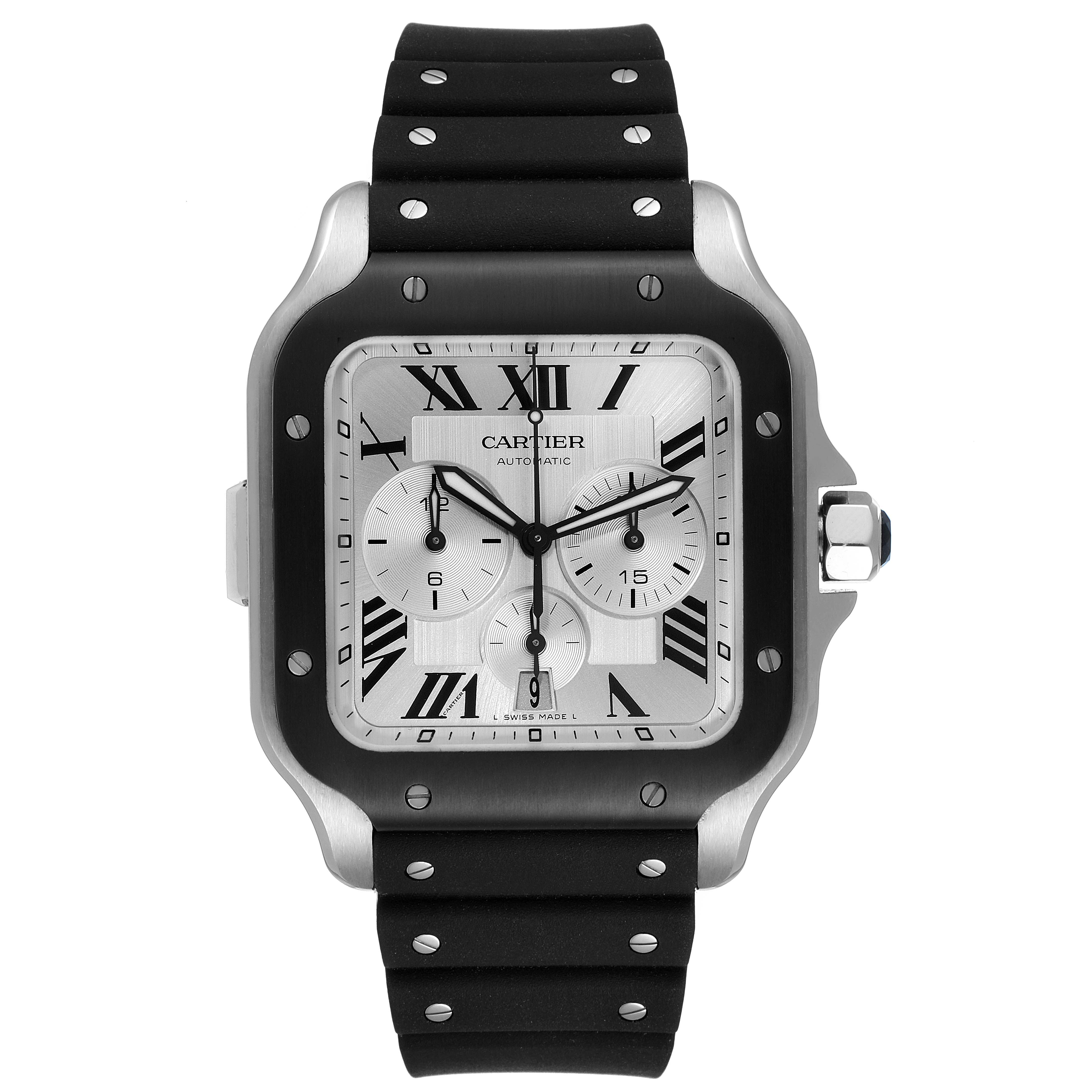 The image shows a front view of the Cartier Santos WSSA0017 Men
s Stainless Steel Silver Dial WSSA0017 Men
s Stainless Steel Silver Dial watch, highlighting its dial, strap, and crown.