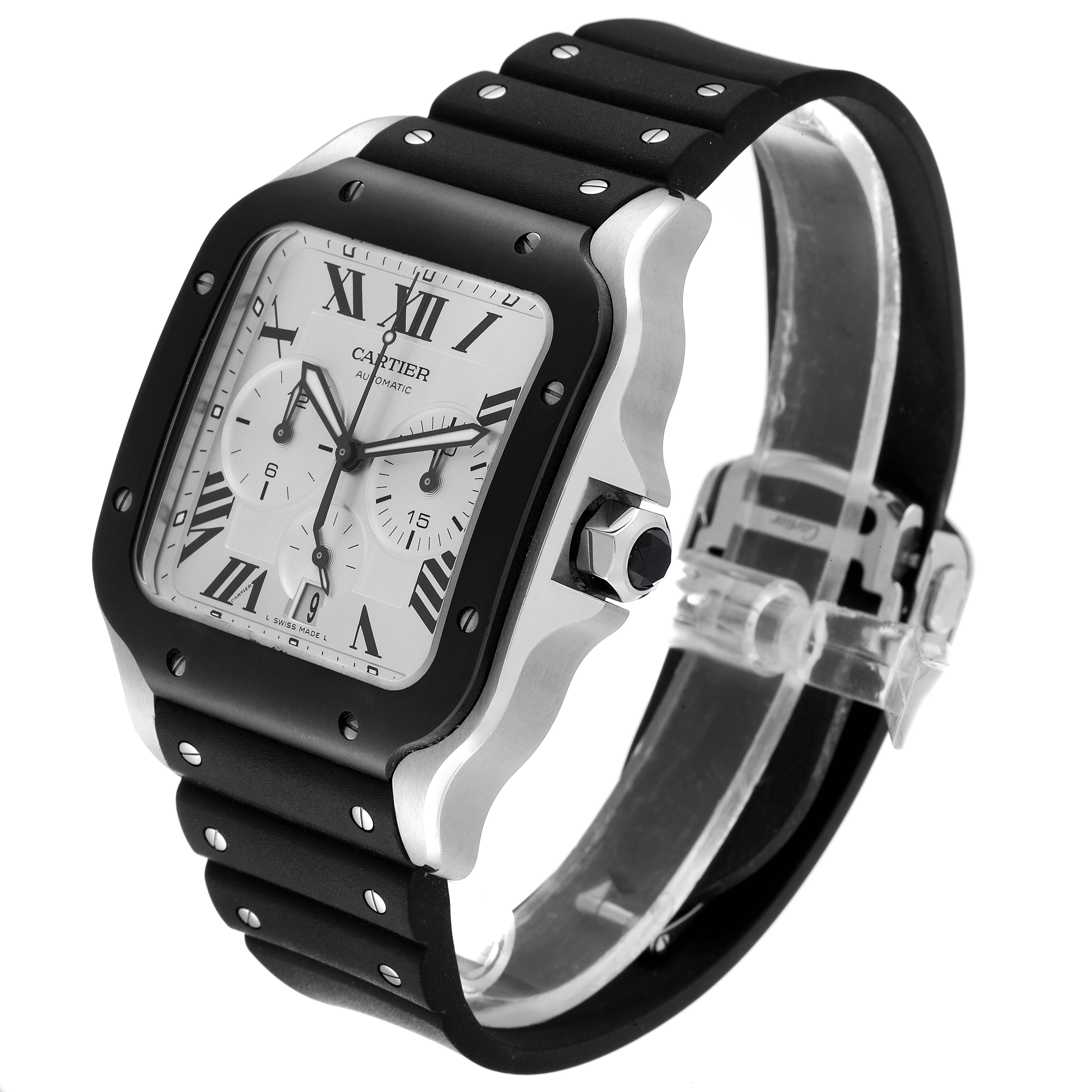 The image shows a Cartier Santos WSSA0017 Men
s Stainless Steel Silver Dial WSSA0017 Men
s Stainless Steel Silver Dial model watch from a three-quarter angle, highlighting its face, bezel, crown, and strap.