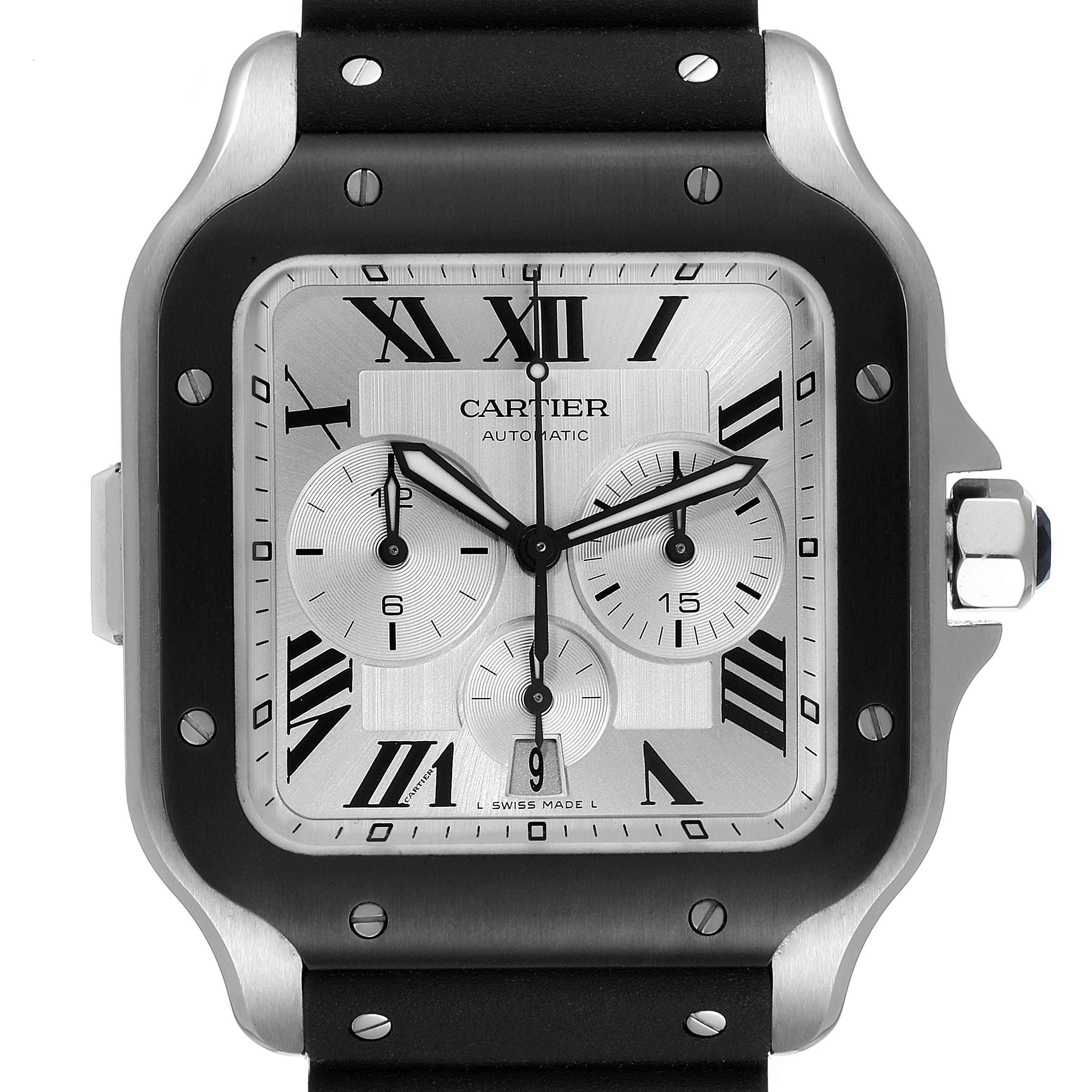 The image shows a close-up front view of the Santos model watch by Cartier, highlighting its dial and bezel.