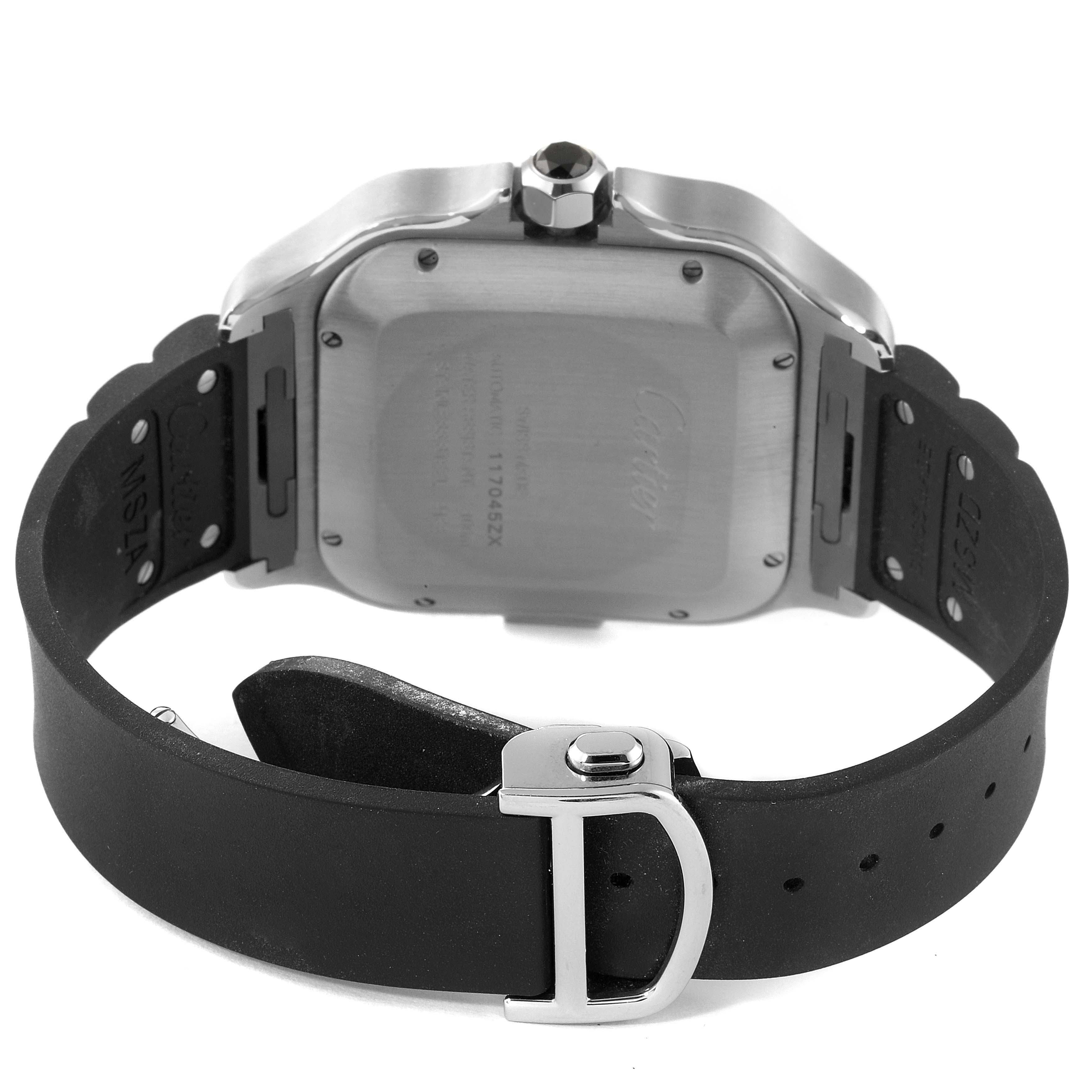 This image shows the back of a Cartier Santos WSSA0017 Men
s Stainless Steel Silver Dial WSSA0017 Men
s Stainless Steel Silver Dial watch with its rubber strap and stainless steel buckle visible.