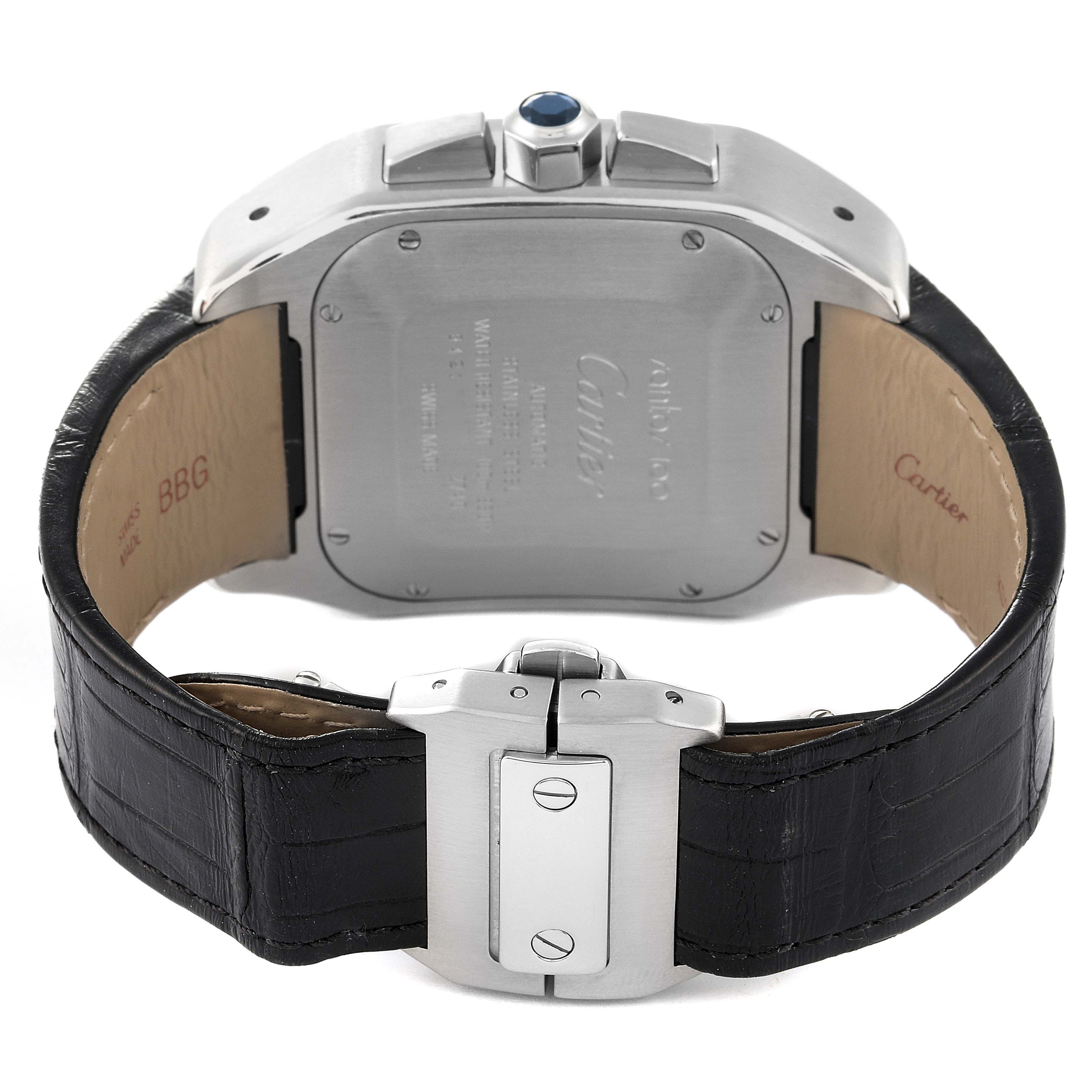 This image shows the case back, crown, and clasp of a Cartier Santos W20090X8 Men's Stainless Steel Silver Dial W20090X8 Men's Stainless Steel Silver Dial watch from a rear angle.