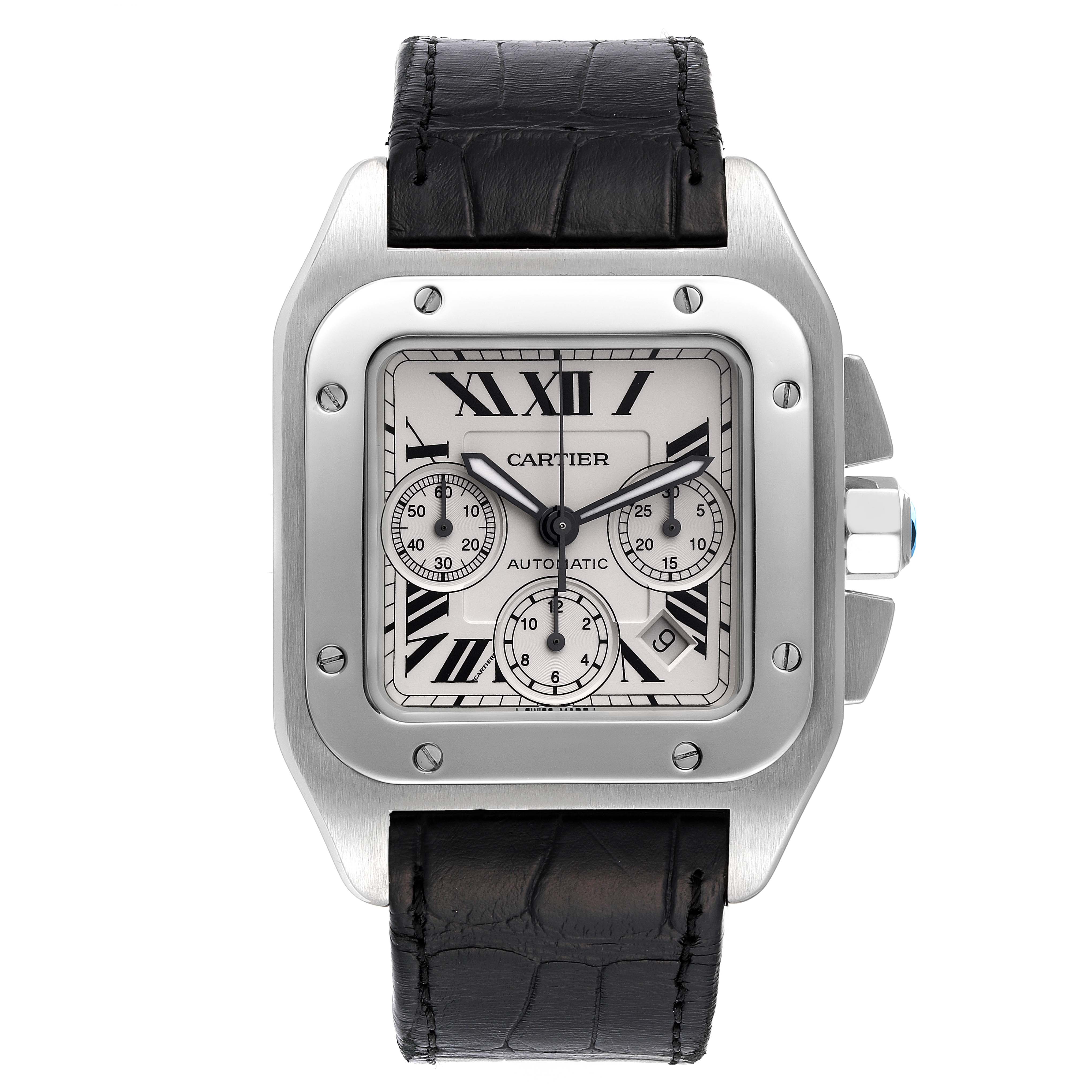 This image shows a front view of the Cartier Santos W20090X8 Men's Stainless Steel Silver Dial W20090X8 Men's Stainless Steel Silver Dial model watch, highlighting its square face, Roman numerals, three sub-dials, and black leather strap.