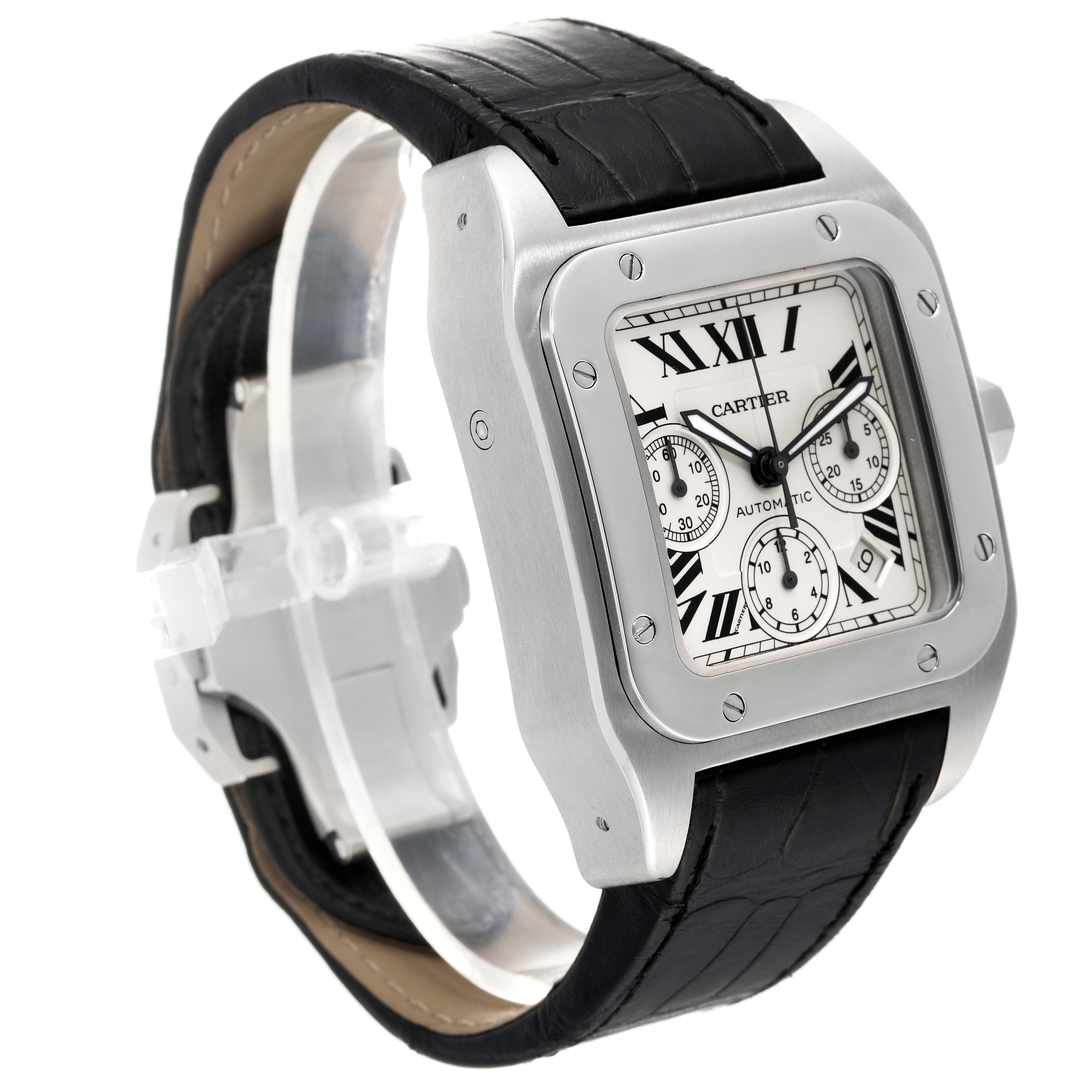 The Cartier Santos W20090X8 Men's Stainless Steel Silver Dial W20090X8 Men's Stainless Steel Silver Dial watch is shown at an angled view displaying the face, bezel, crown, and black leather strap.