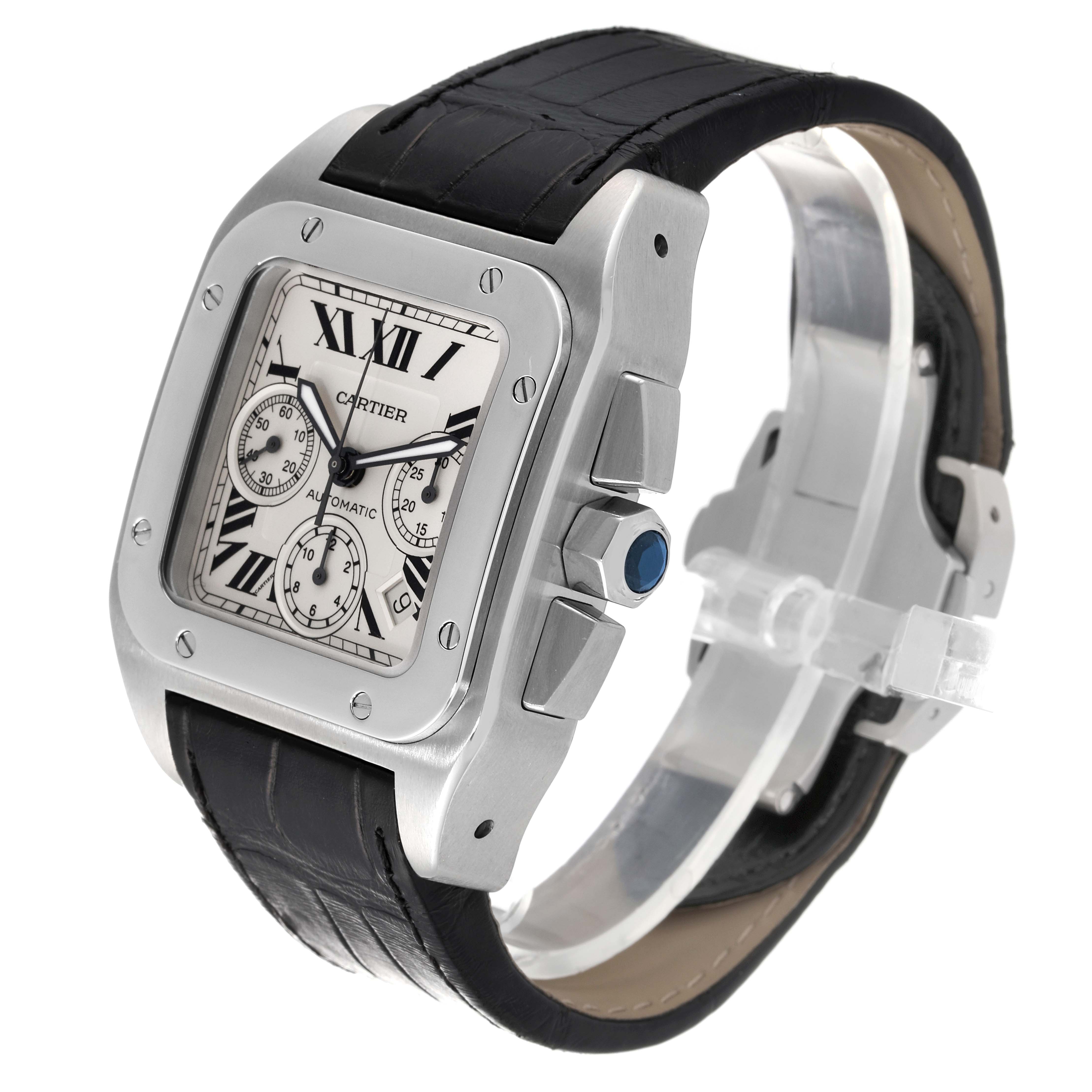 This Cartier Santos W20090X8 Men's Stainless Steel Silver Dial W20090X8 Men's Stainless Steel Silver Dial model watch is shown at an angled view, highlighting its face, bezel, crown, and black leather strap.