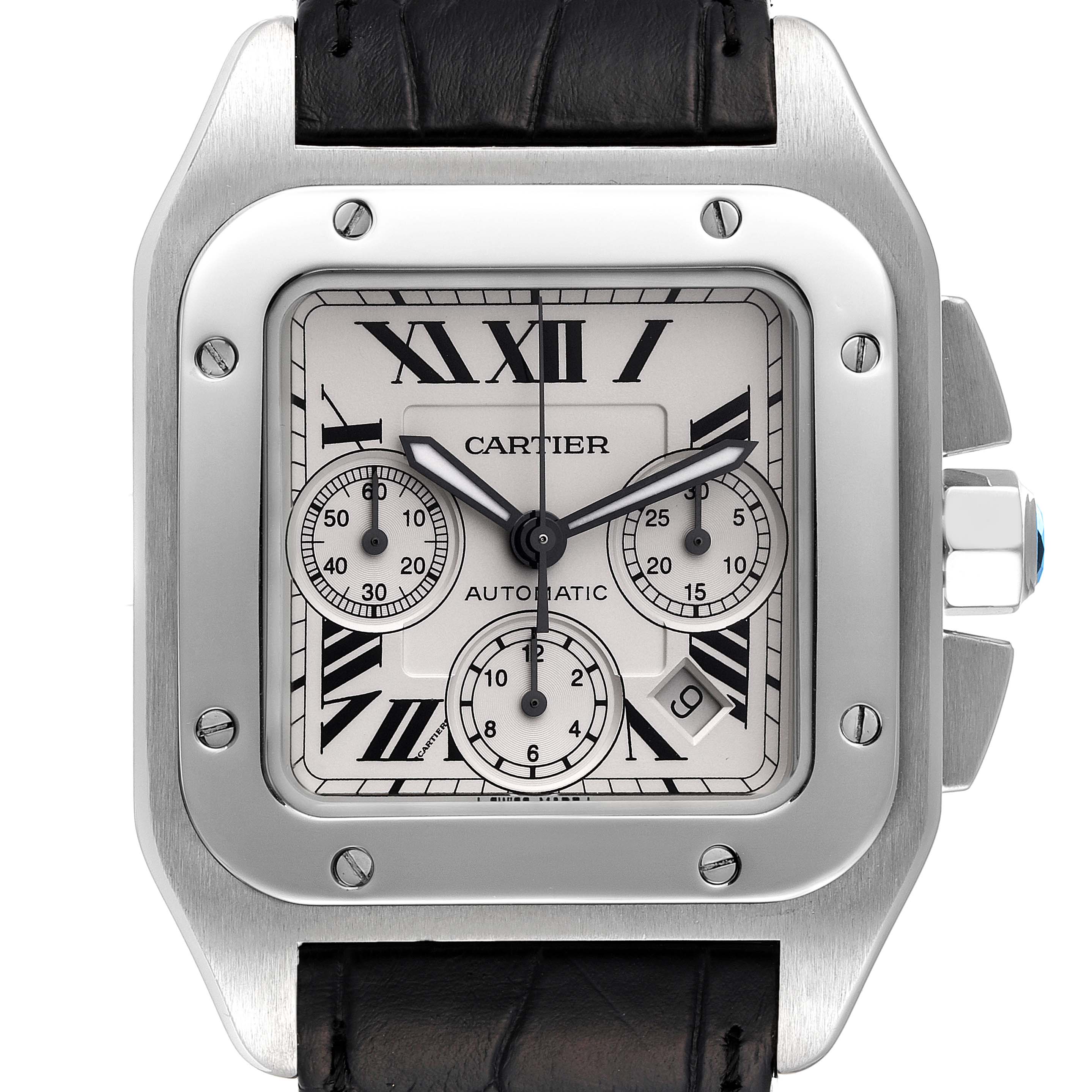 This image shows a front view of a Cartier Santos W20090X8 Men's Stainless Steel Silver Dial W20090X8 Men's Stainless Steel Silver Dial watch, displaying the dial, bezel, crown, and part of the strap.