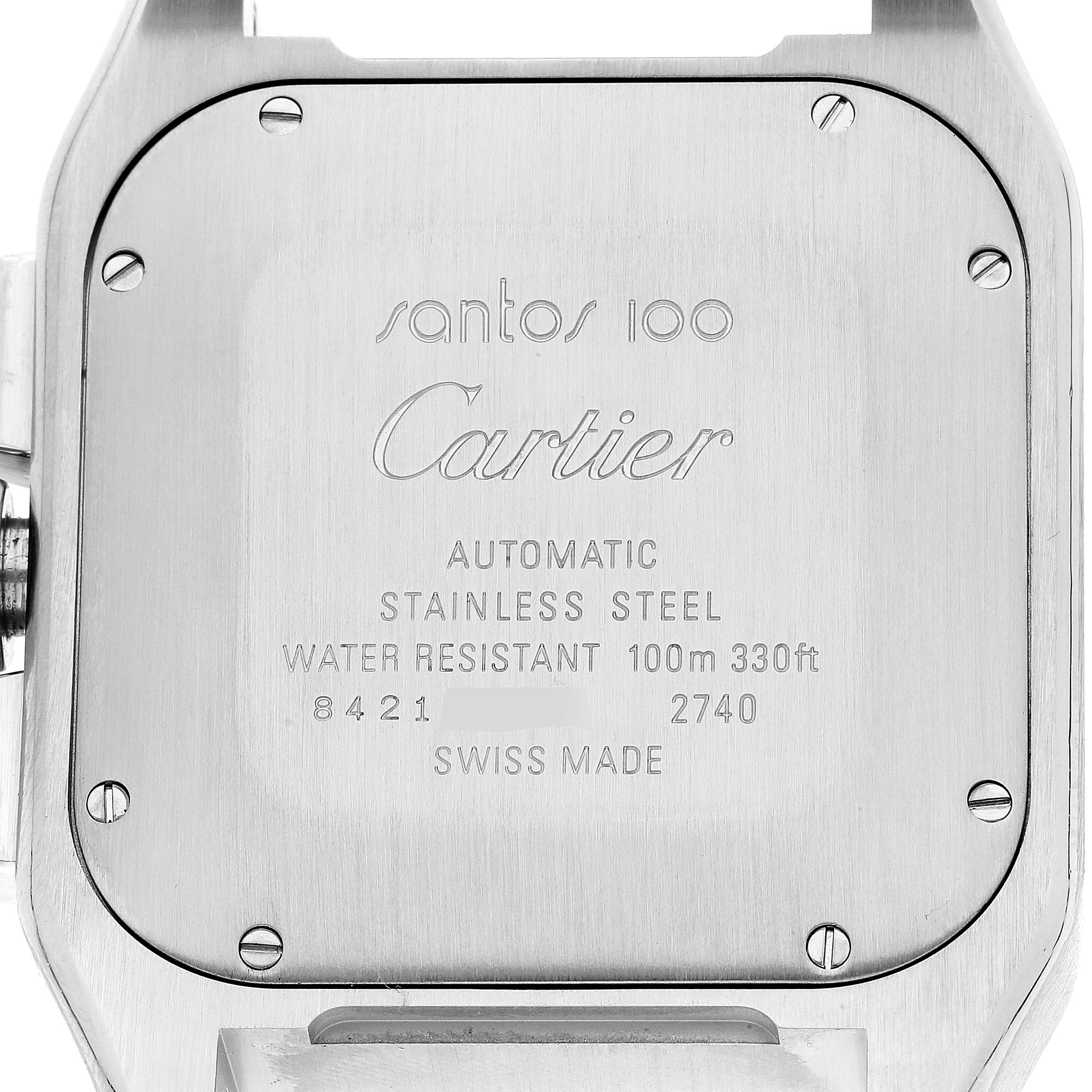 This image shows the back case of a Cartier Santos W20090X8 Men's Stainless Steel Silver Dial W20090X8 Men's Stainless Steel Silver Dial 100 watch, highlighting its stainless steel material and water resistance.