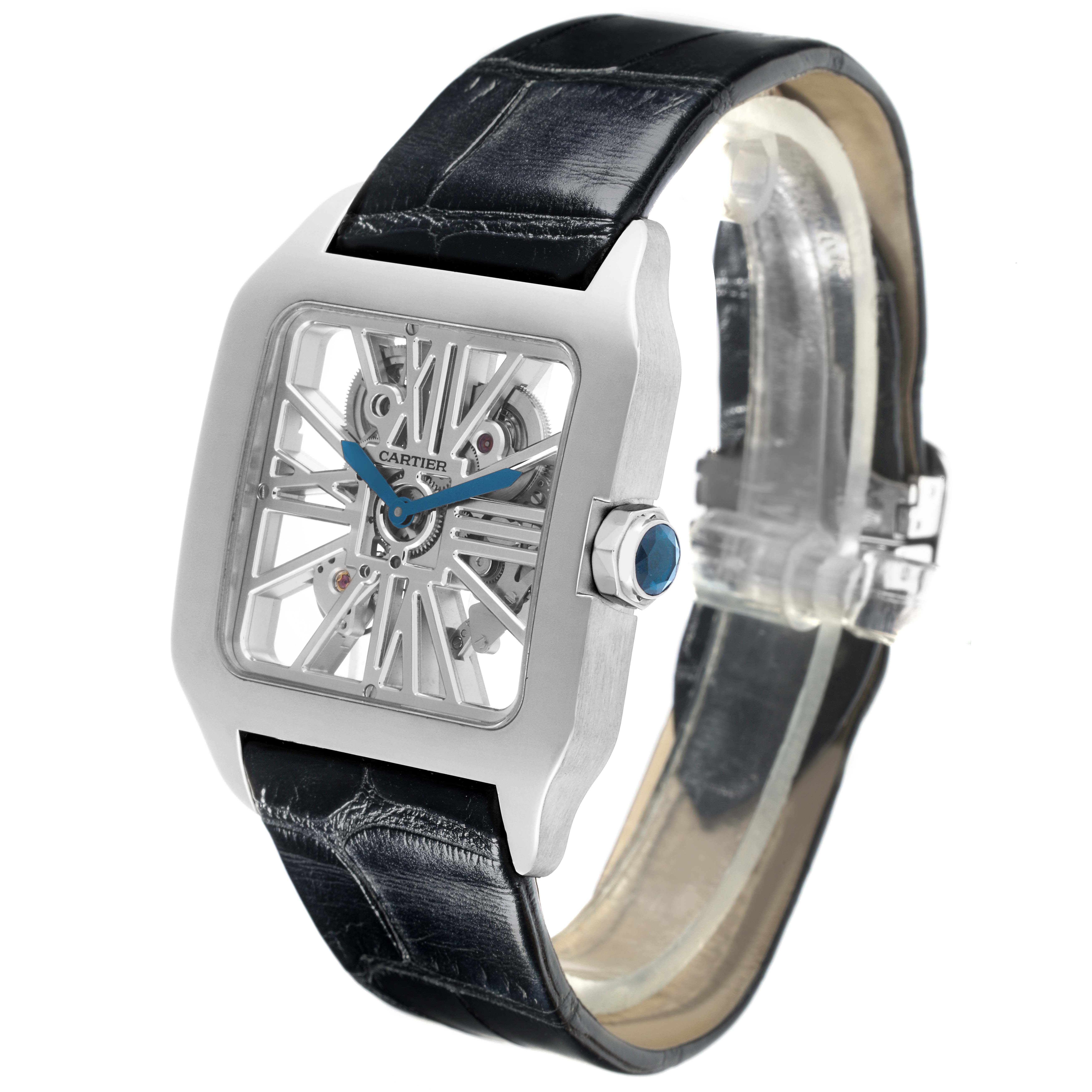 The Cartier Santos Dumont W2020033 Men's White Gold Transparent Dial W2020033 Men's White Gold Transparent Dial watch is shown at a three-quarter view, highlighting the case, skeleton dial, crown, and strap.