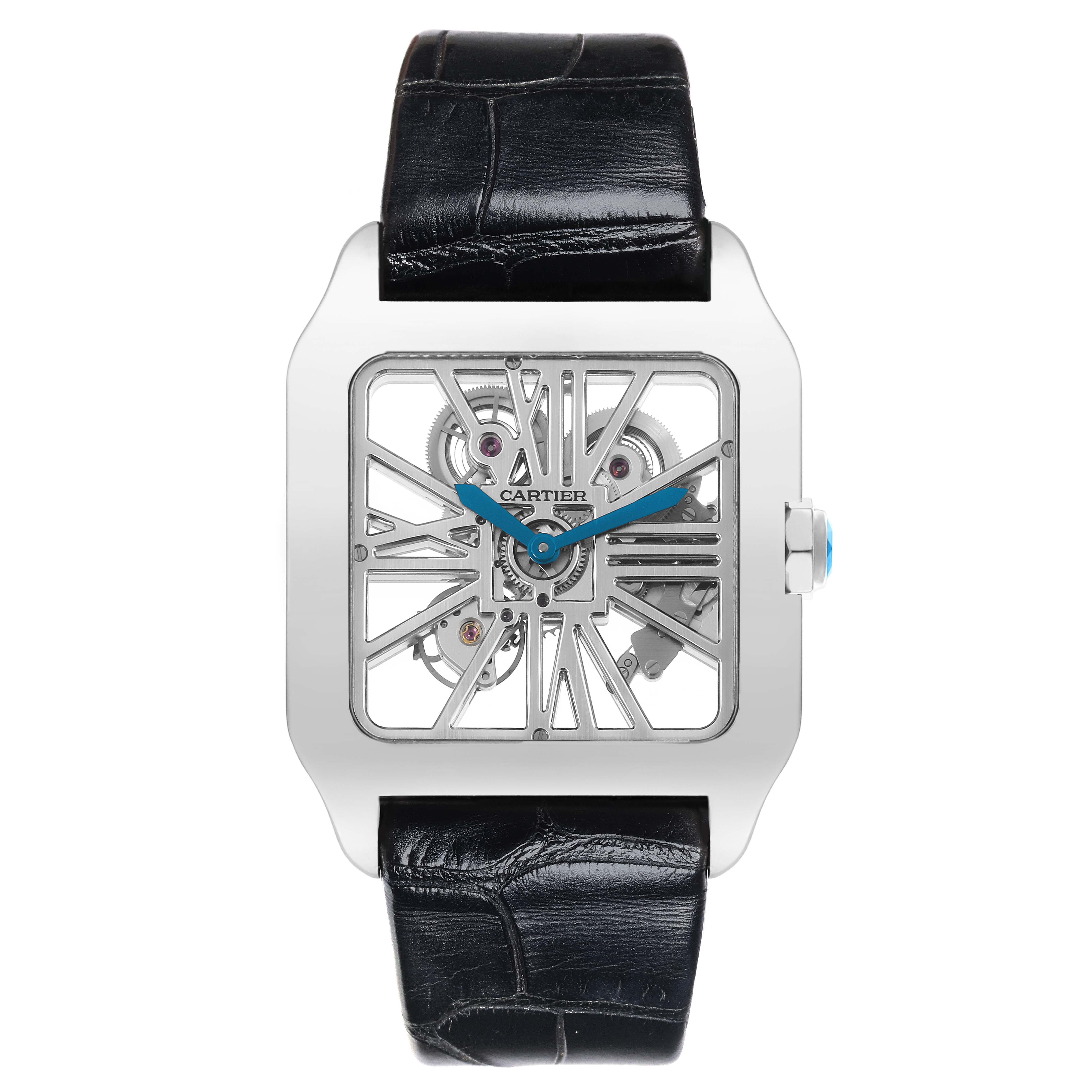The Cartier Santos Dumont W2020033 Men's White Gold Transparent Dial W2020033 Men's White Gold Transparent Dial watch is shown from the front, highlighting its dial, skeleton movement, and black leather strap.